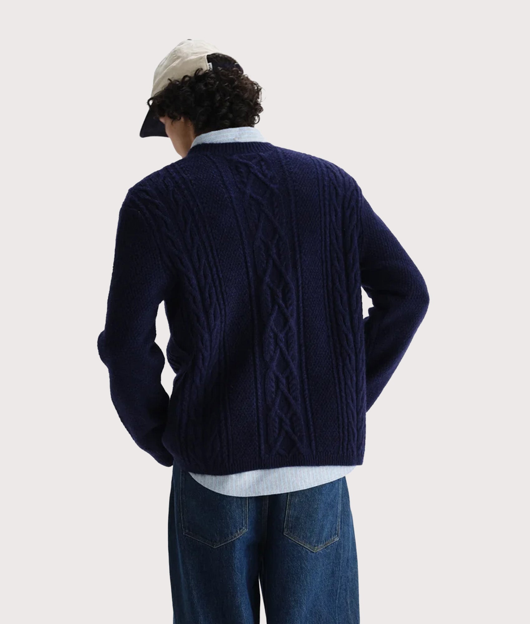 Hyatt Crew Jumper by Wax London in Navy. Shot by EQVVS. Model Back shot.