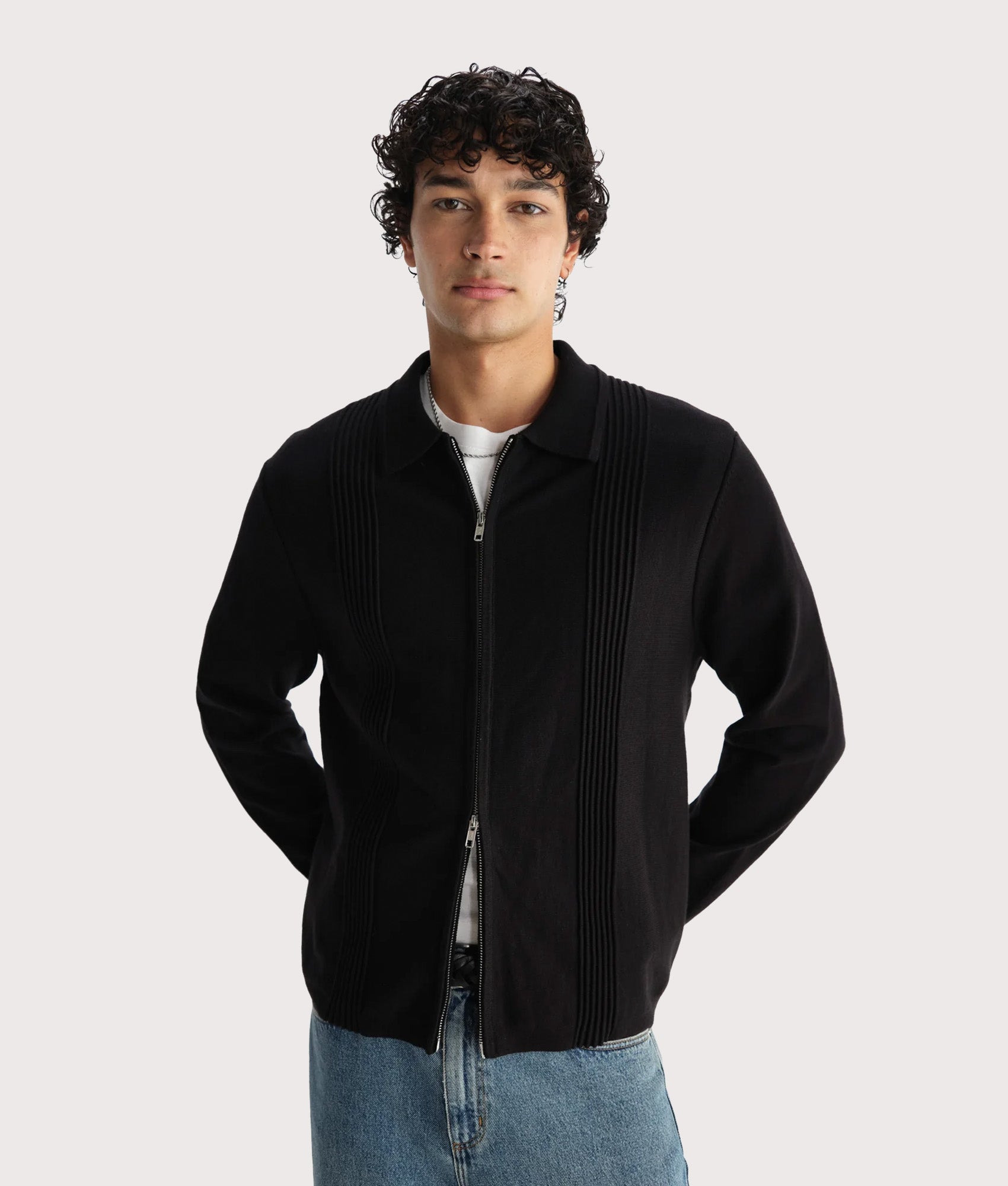 Lennox Polo Collar Zip Knit by Wax London in Black. Model front shot.