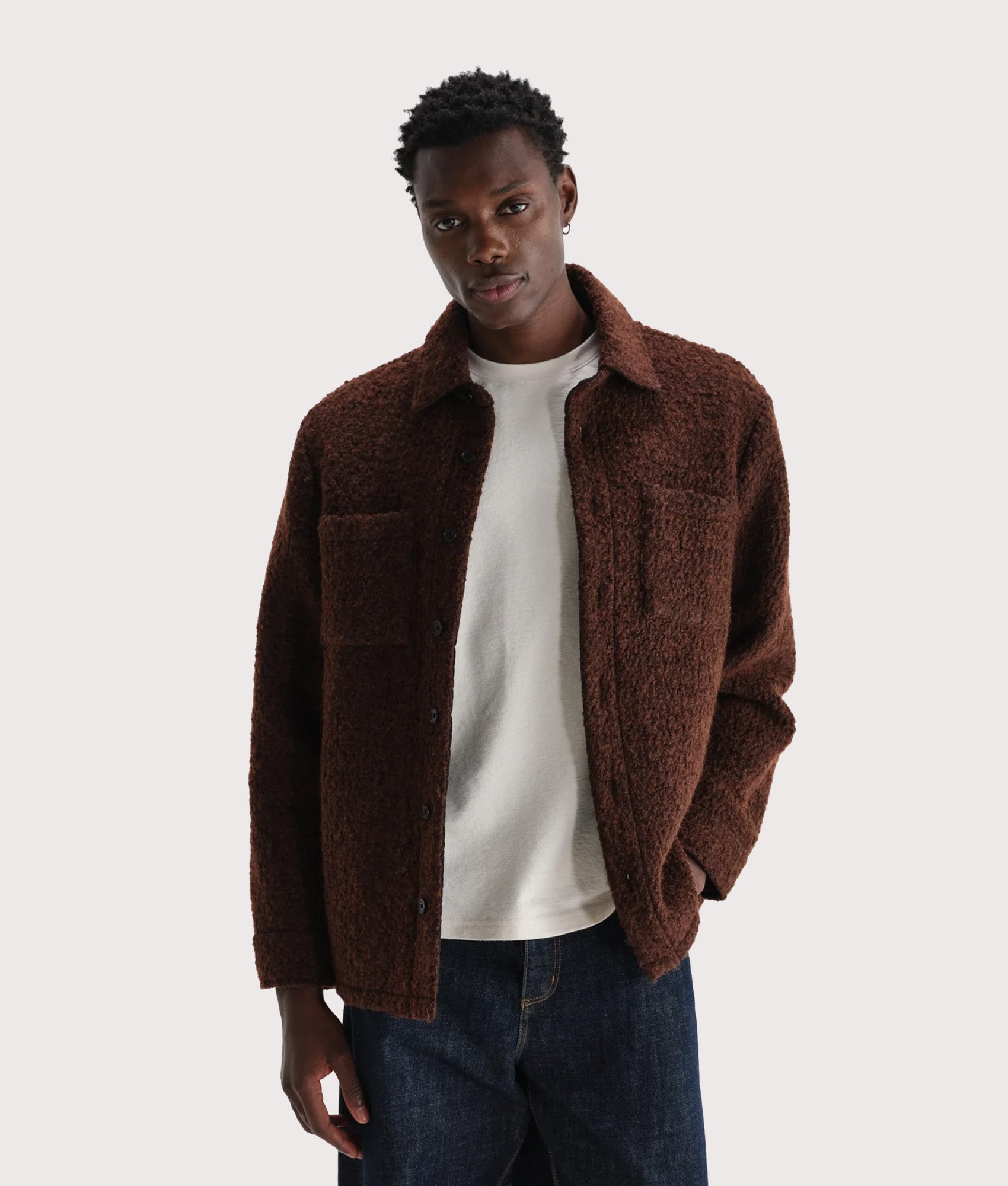 Mount Reversible Overshirt by Wax London in Brown. Model front Side A.