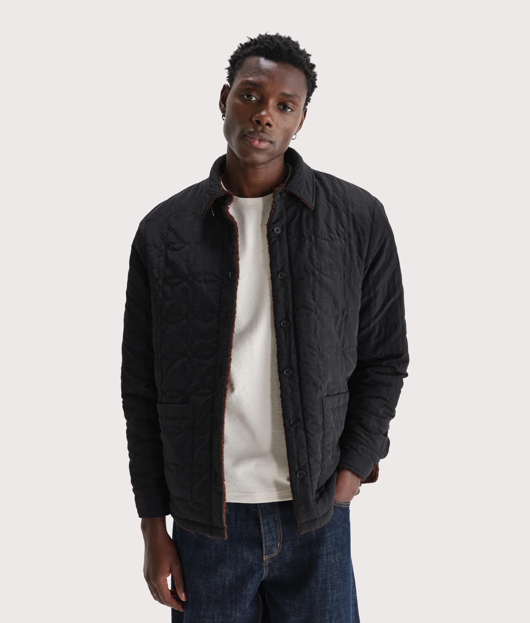 Mount Reversible Overshirt by Wax London in Brown. Model front Side B.