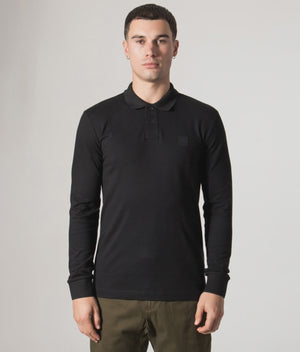 BOSS Slim Fit Passerby Long Sleeve Polo Shirt in black at EQVVS Menswear. Model Video.