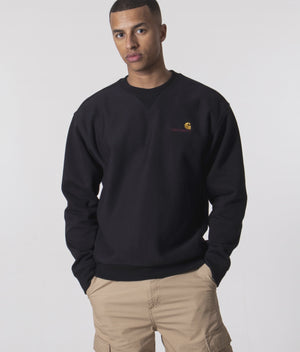 Carhartt WIP Relaxed Fit-American Script Sweatshirt in Black at EQVVS Menswear. Model Video.
