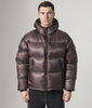 MKI MIYUKI ZOKU Translucent Hooded Bubble Jacket in Raisin at EQVVS Menswear. Model video.