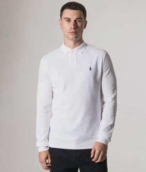 Polo Ralph Lauren Custom Slim Fit Long Sleeve Polo Shirt in White at EQVVS Menswear. Model video.