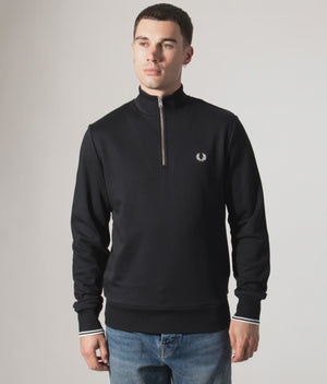 Fred Perry Quarter Zip Sweatshirt in Black at EQVVS Menswear. Model video.