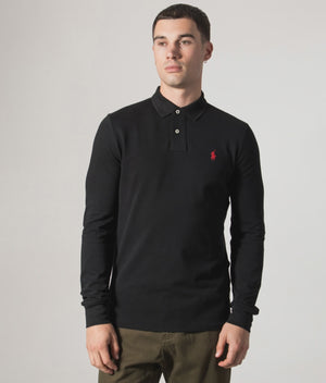 Polo Ralph Lauren Custom Slim Fit Long Sleeve Polo Shirt in Black at EQVVS Menswear. Model video.