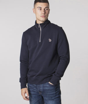PS Paul Smith Quarter Zip Zebra Logo Sweatshirt for men in very dark Navy at EQVVS Model Video