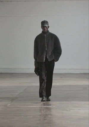 Faux Alpaca Track Jacket in Charcoal. MKI Miyuki Zoku. Video. 
