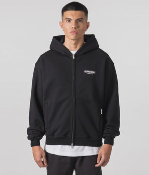 Represent Owners Club Zip Through Hoodie in Black at EQVVS Menswear. Model video.