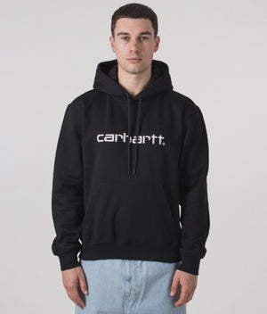Loose Fit Carhartt WIP Relaxed Fit Carhartt Hoodie in Black with White Logo for men at EQVVS Model Video