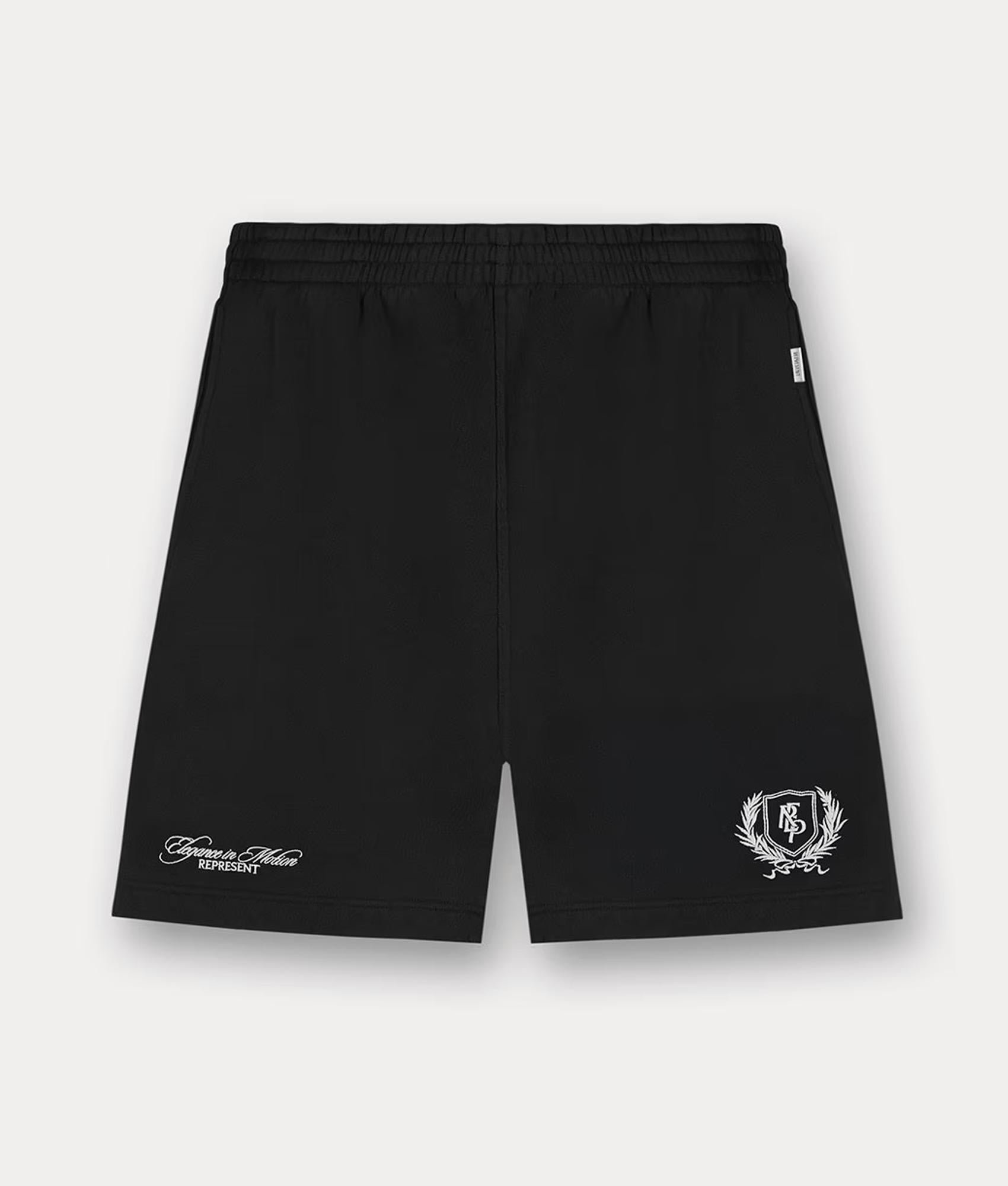 Represent Represent Crest Shorts in Black at EQVVS. Flat shot.