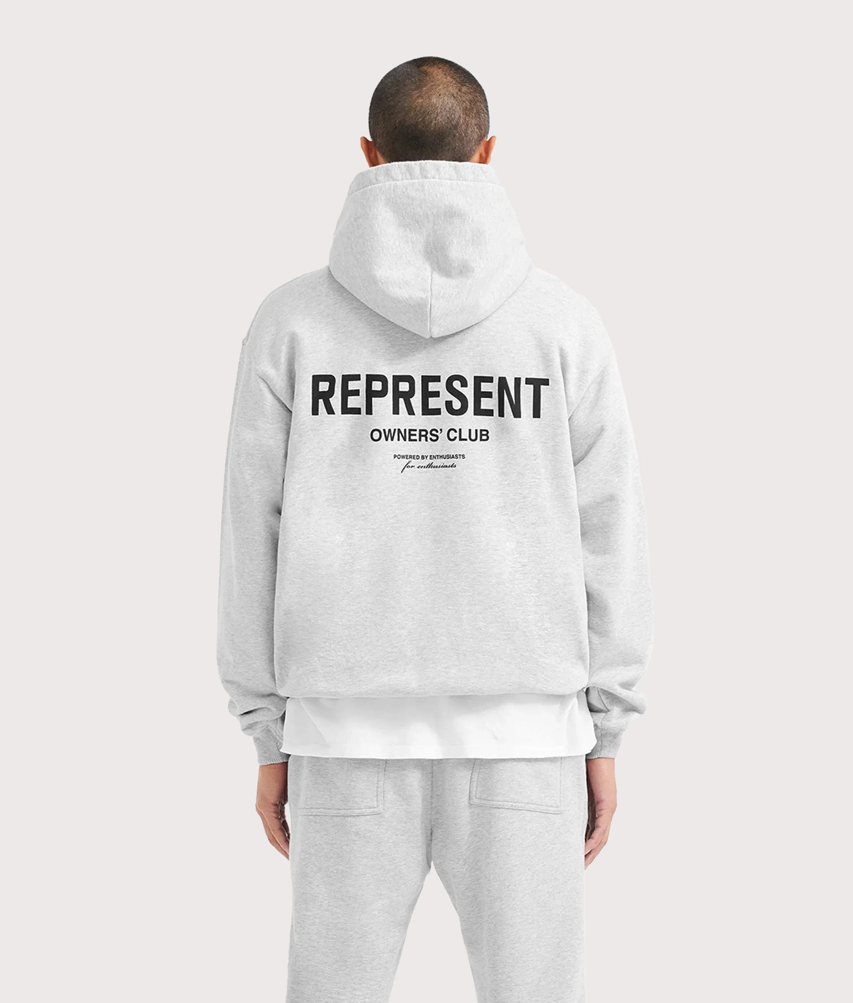 REPRESENT Oversized Fit Represent Owners Club Hoodie in Ash Grey at EQVVS Menswear. Model back shot.