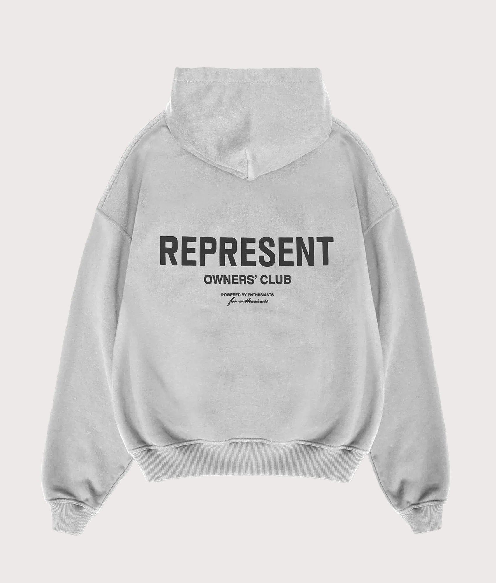 REPRESENT Oversized Fit Represent Owners Club Hoodie in Ash Grey at EQVVS Menswear. Back shot.