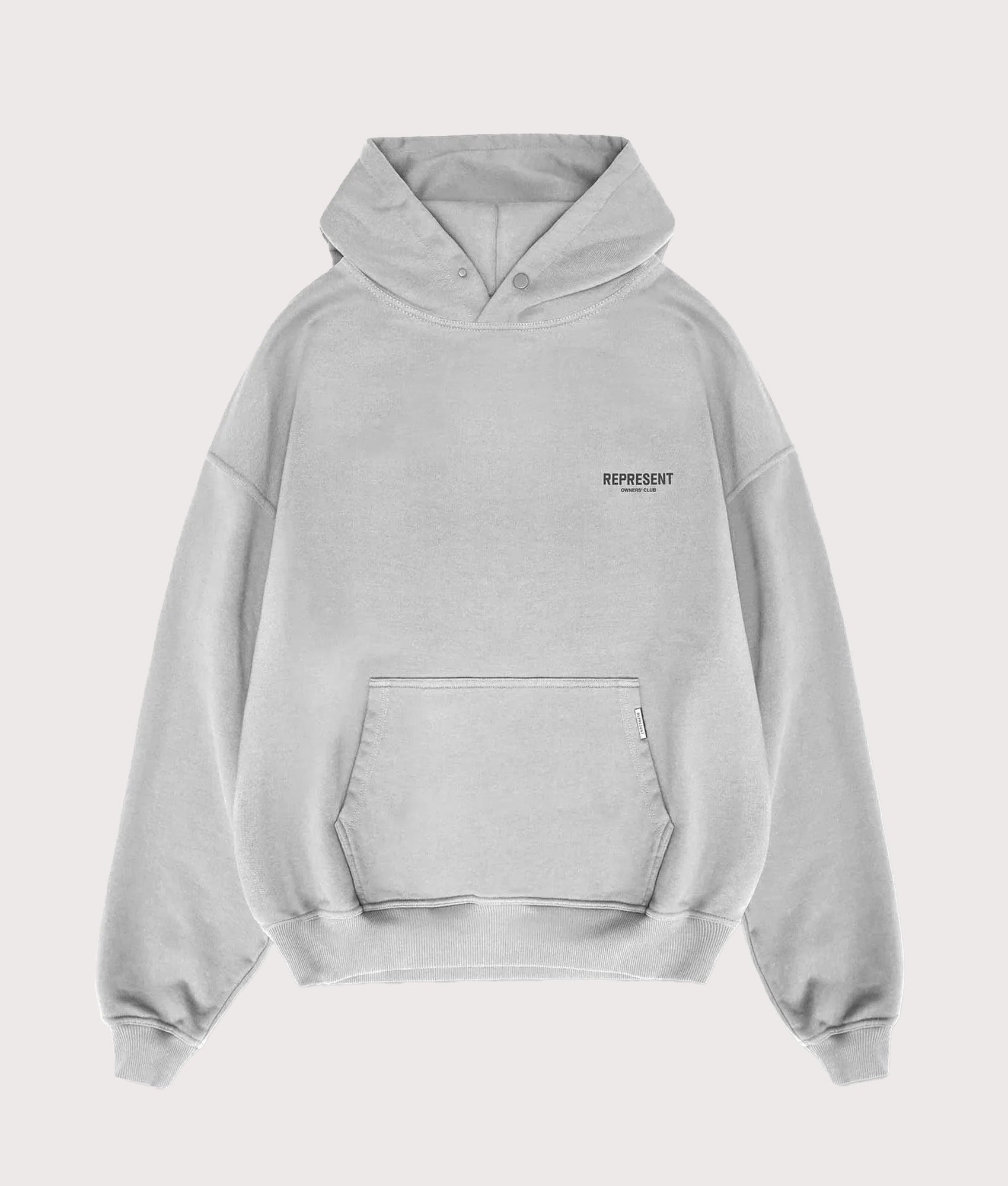REPRESENT Oversized Fit Represent Owners Club Hoodie in Ash Grey at EQVVS Menswear. Front shot.