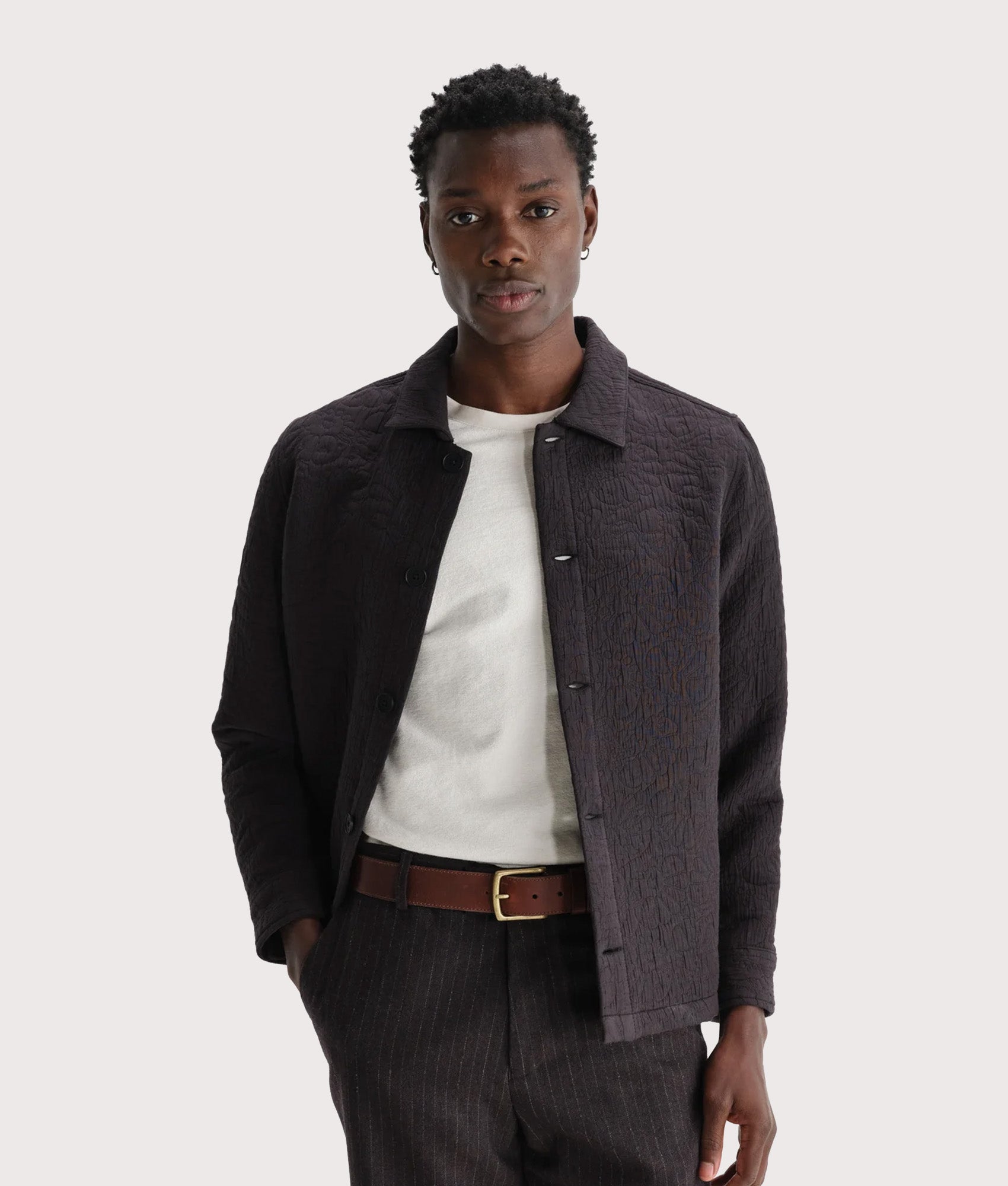 Wax London Rockley Overshirt in Black at EQVVS Menswear. Model front shot.