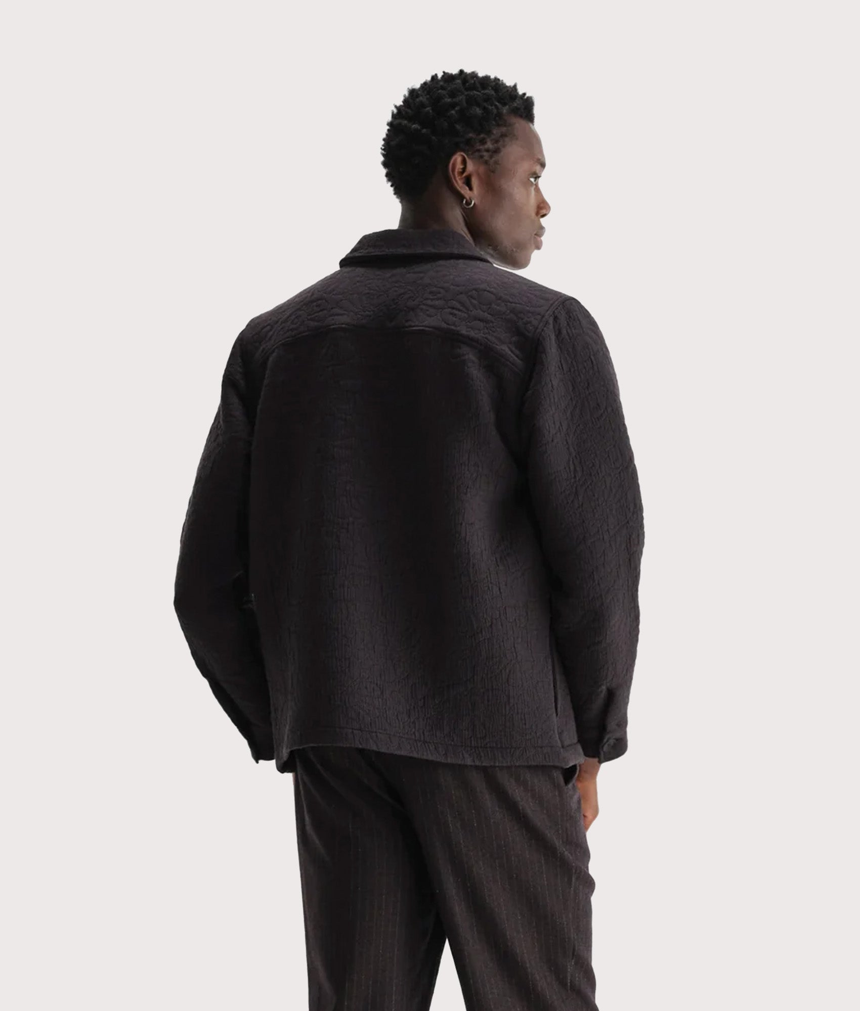 Wax London Rockley Overshirt in Black at EQVVS Menswear. Model Back shot.