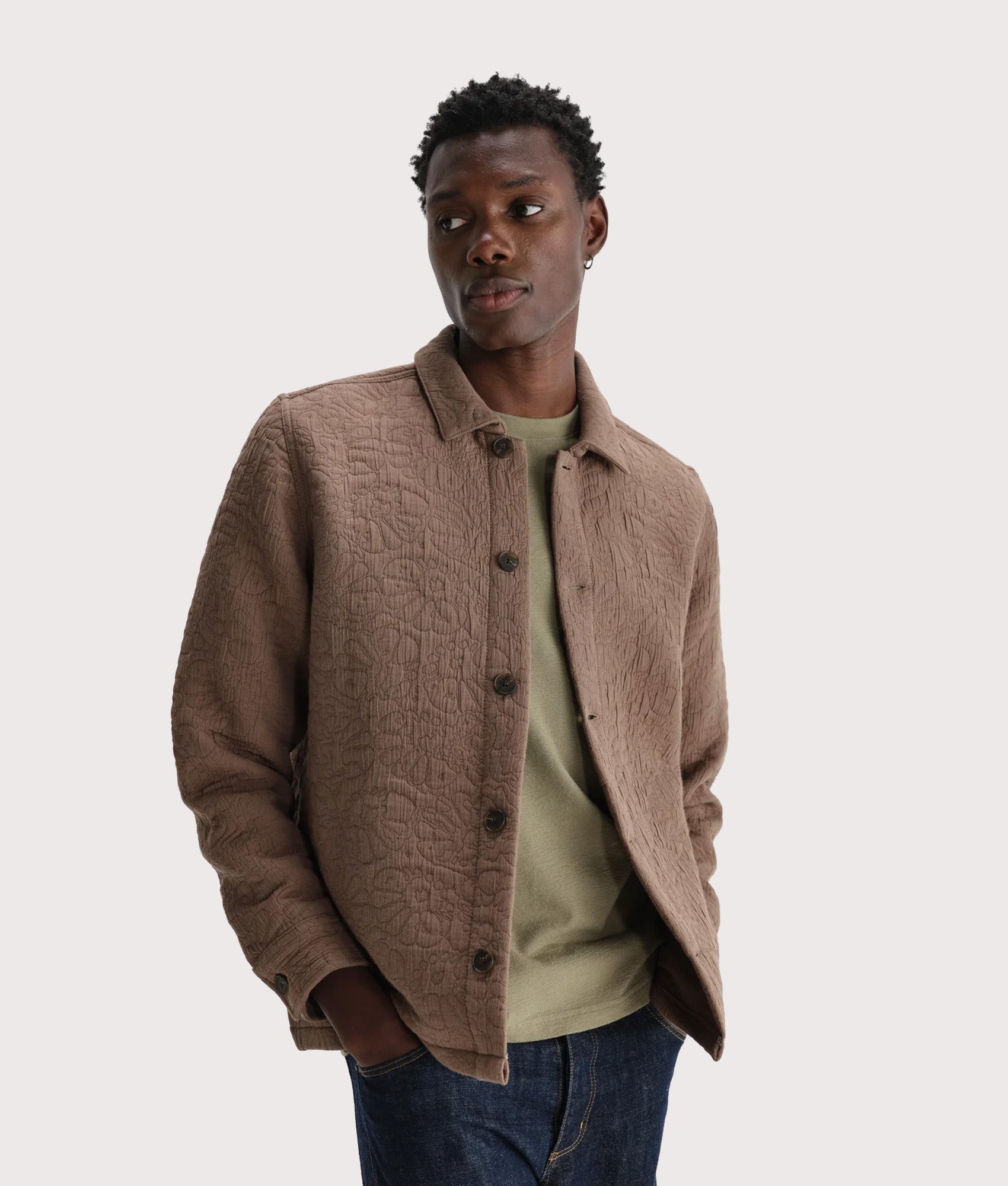 Wax London Rockley Overshirt in Brown at EQVVS Menswear. Model front shot.