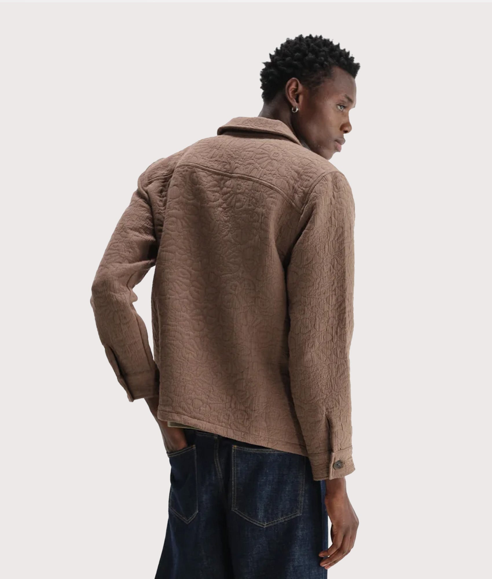 Wax London Rockley Overshirt in Brown at EQVVS Menswear. Model Back shot.