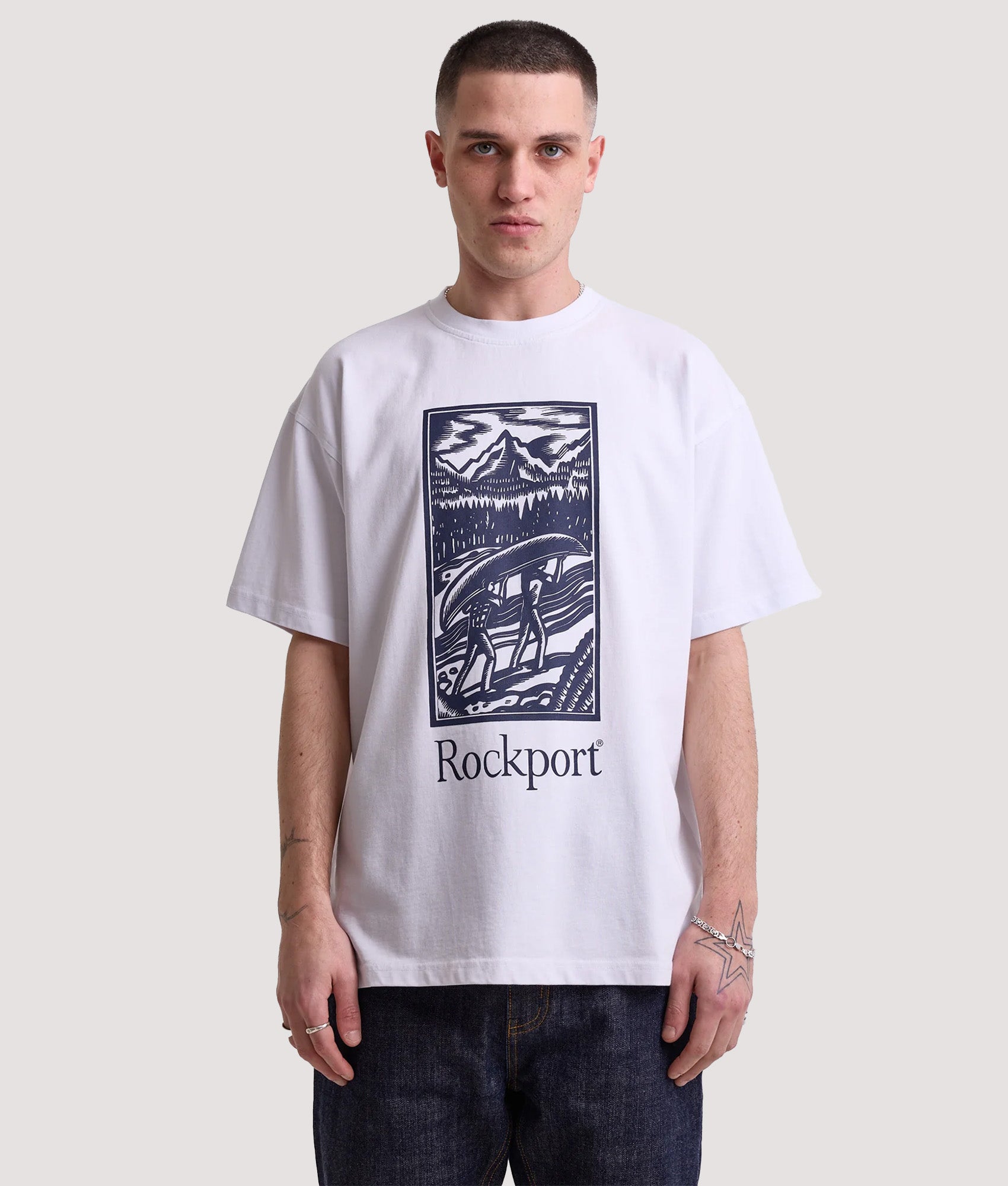 Rockport Relaxed Fit Hampshire Logo T-Shirt in White at EQVVS Menswear. Model front shot.