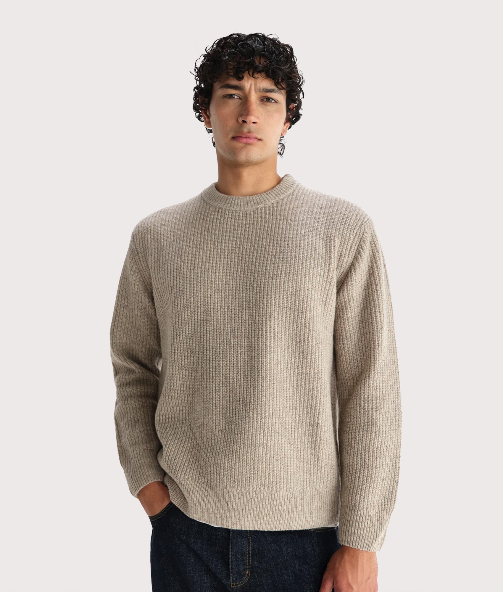 Wilde Crew Jumper by Wax London in Natural. Shot by EQVVS. Model front shot.