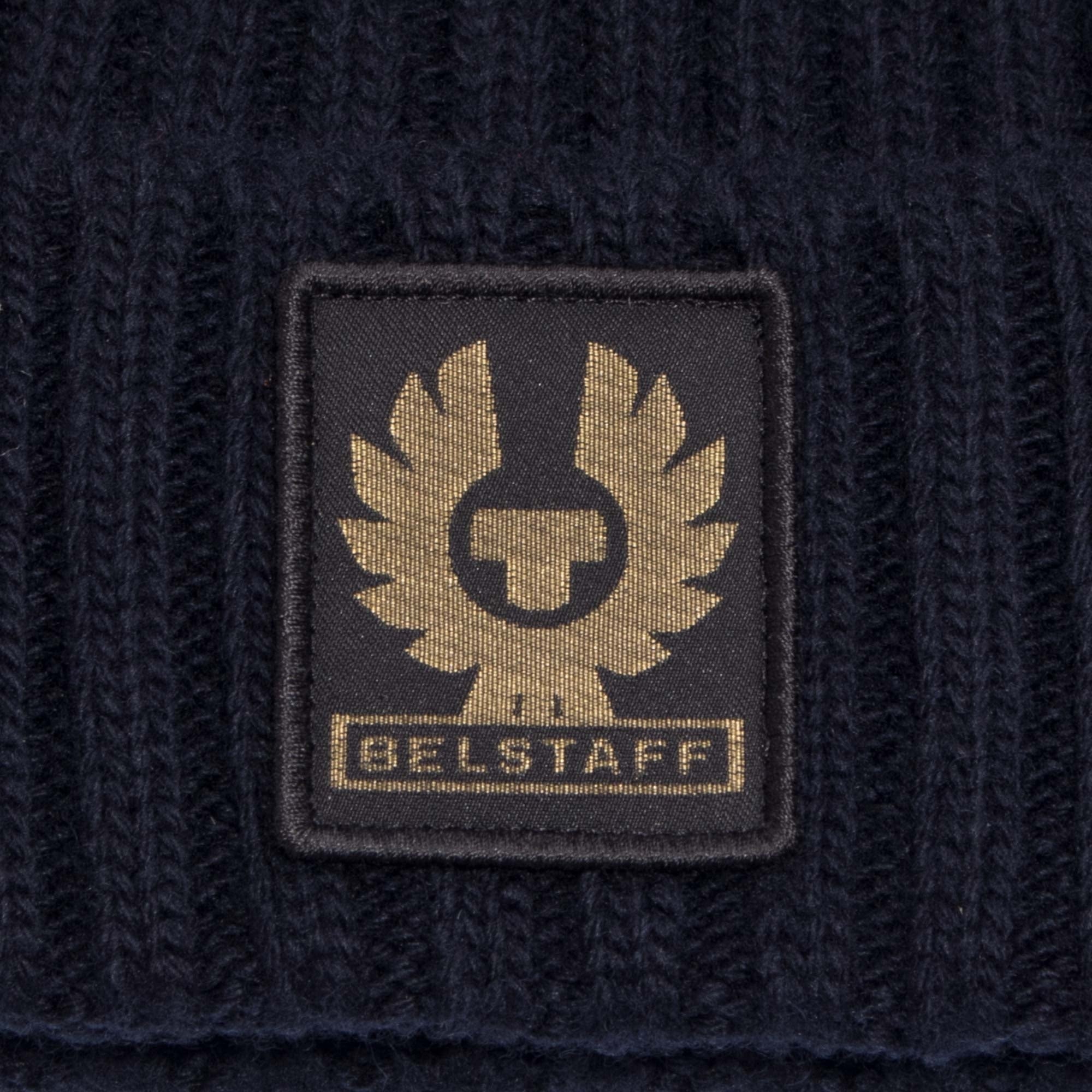 Belstaff Watch Beanie hat in Dark Navy at EQVVS Menswear. Detail shot.