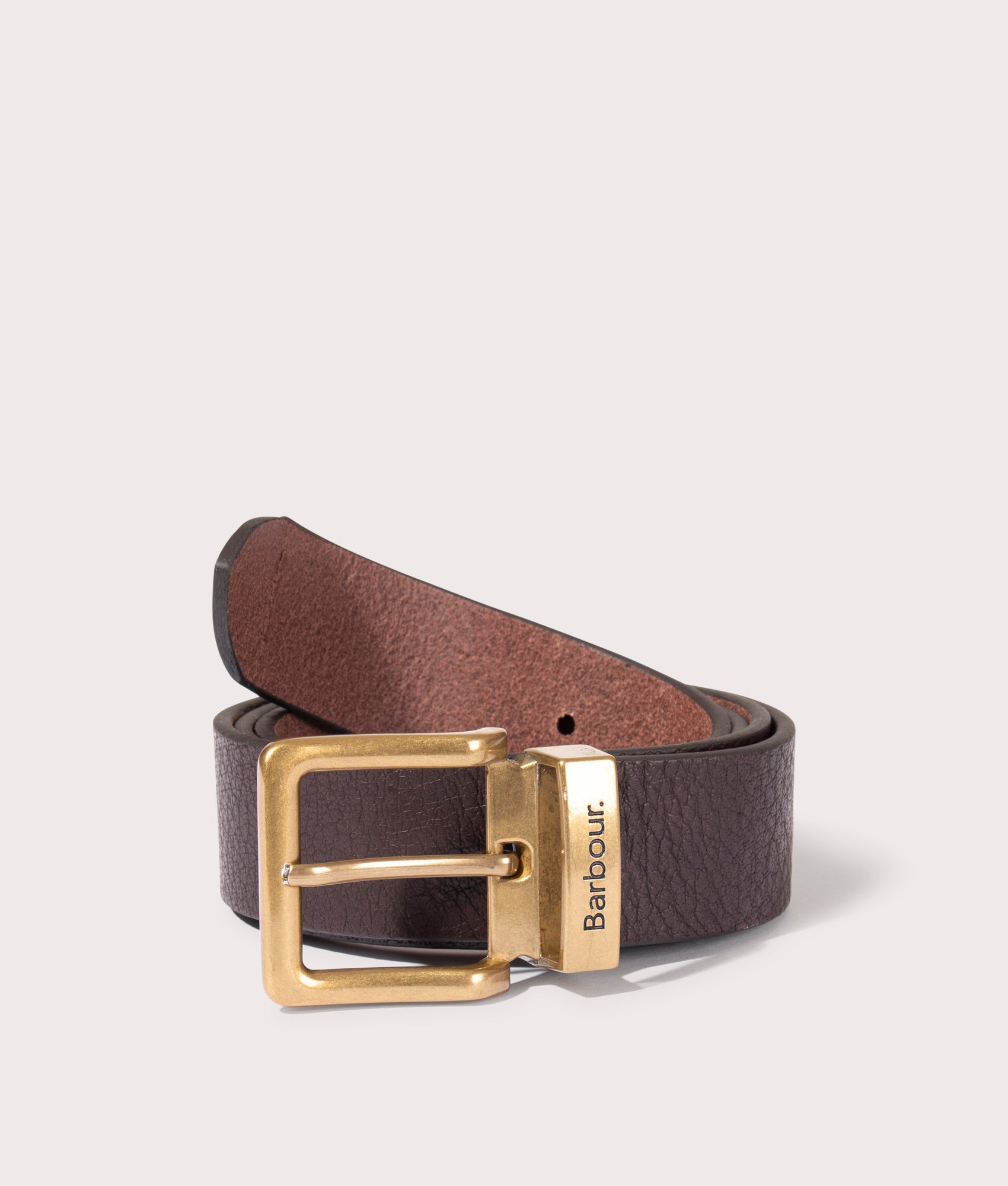 Barbour Lifestyle Blakely Leather Belt in Dark Brown at EQVVS Menswear. Second roll shot. 