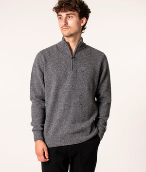 Barbour Tisbury Half Zip Jumper in Grey at EQVVS. Model, front.