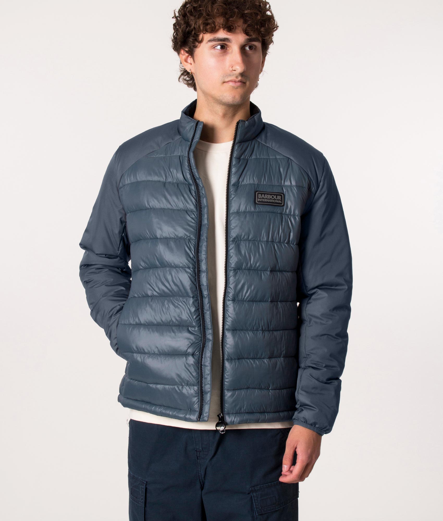 Barbour International Dulwich Quilted Jacket in Dark Slate, EQVVS. Model, front. 