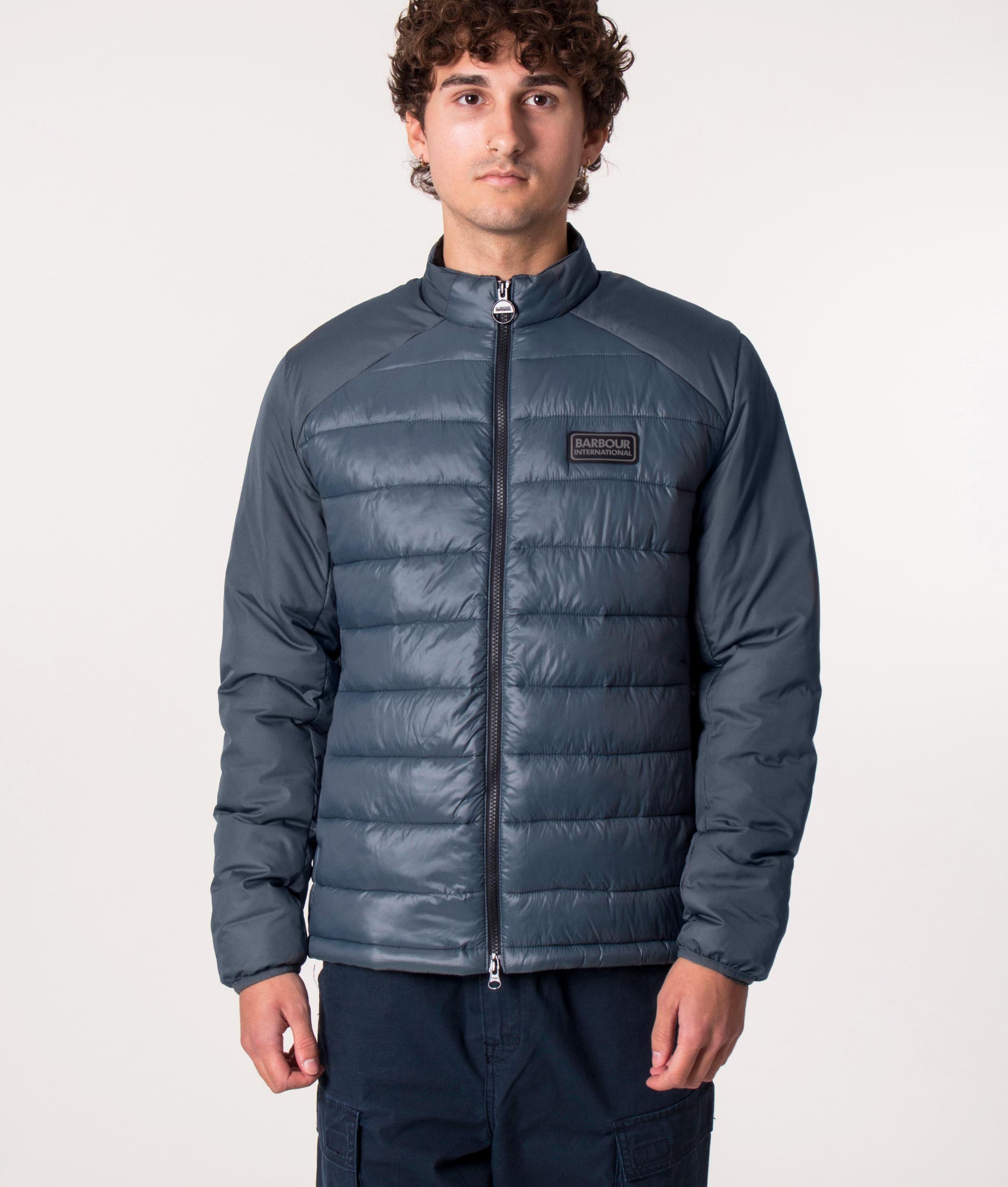 Barbour International Dulwich Quilted Jacket in Dark Slate, EQVVS. Model, front.