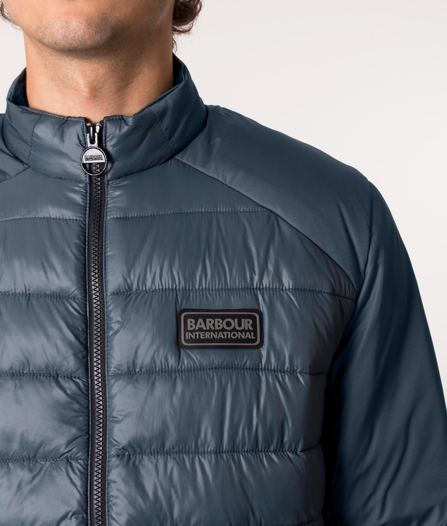 Barbour International Dulwich Quilted Jacket in Dark Slate, EQVVS. Model, detail. 