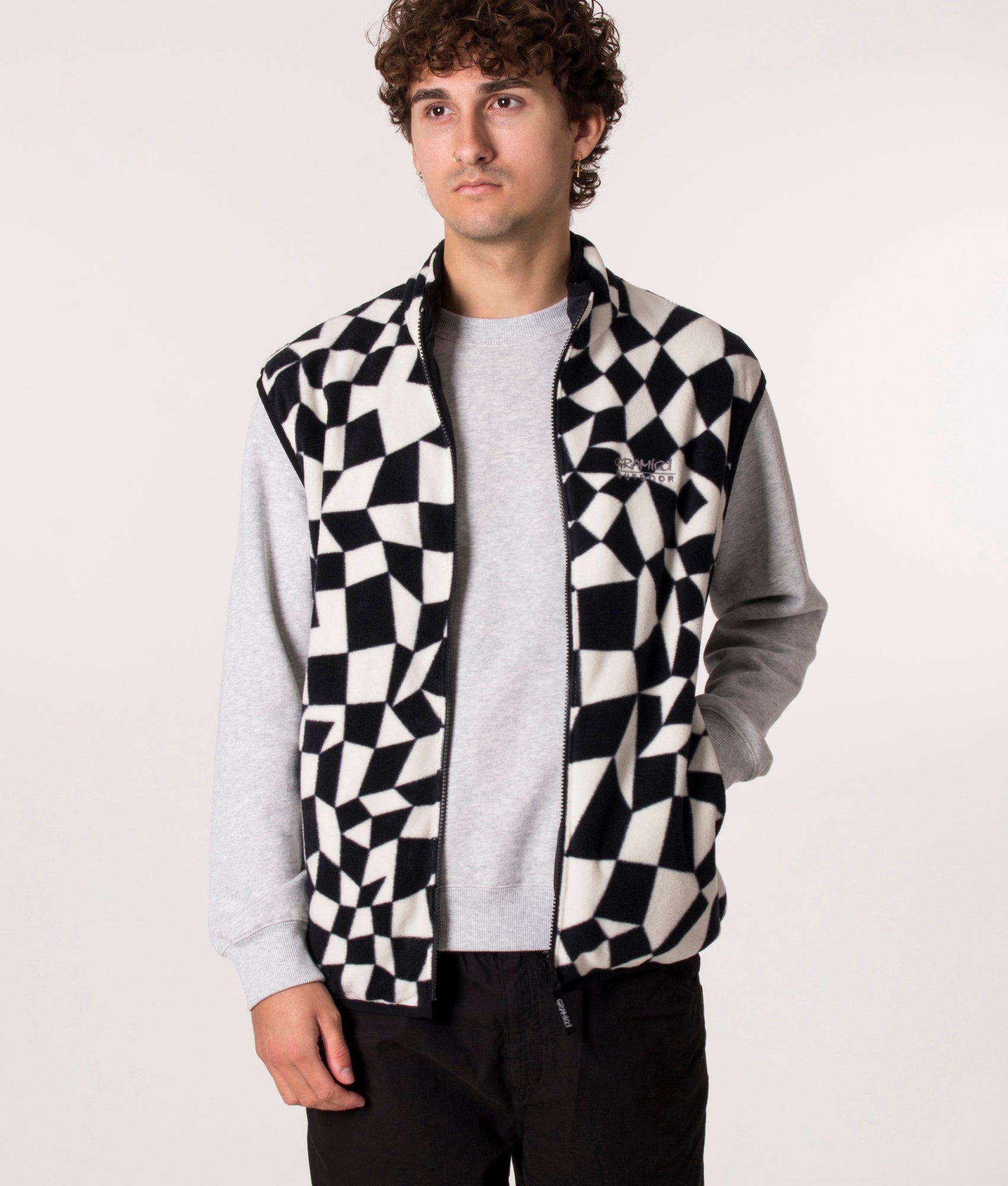 Gramicci Reversible Vest in Black Check, EQVVS. Model, front. 