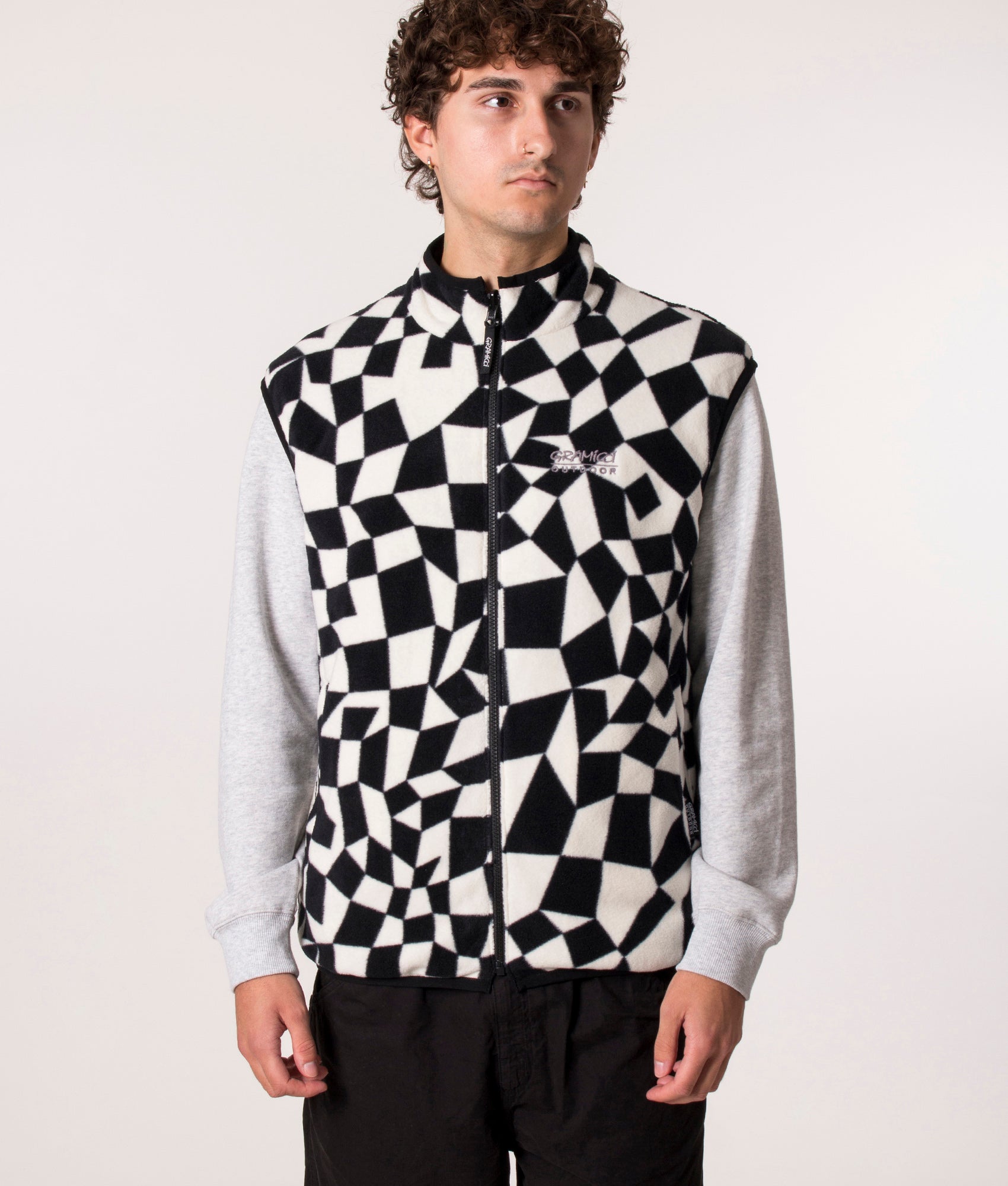 Gramicci Reversible Vest in Black Check, EQVVS. Model, front.