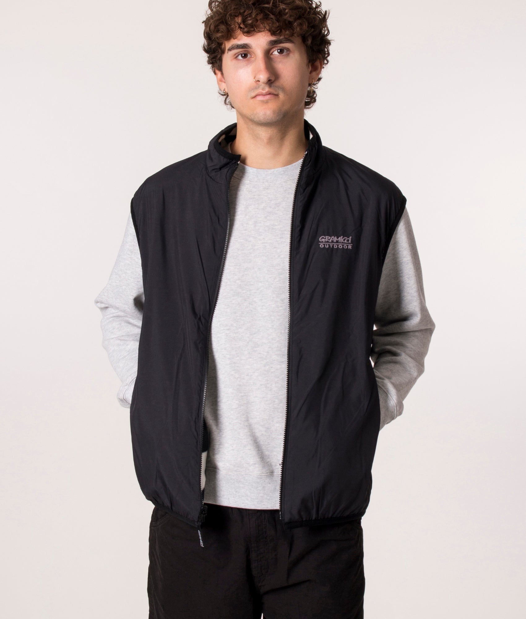 Gramicci Reversible Vest in Black Check, EQVVS. Model, front.