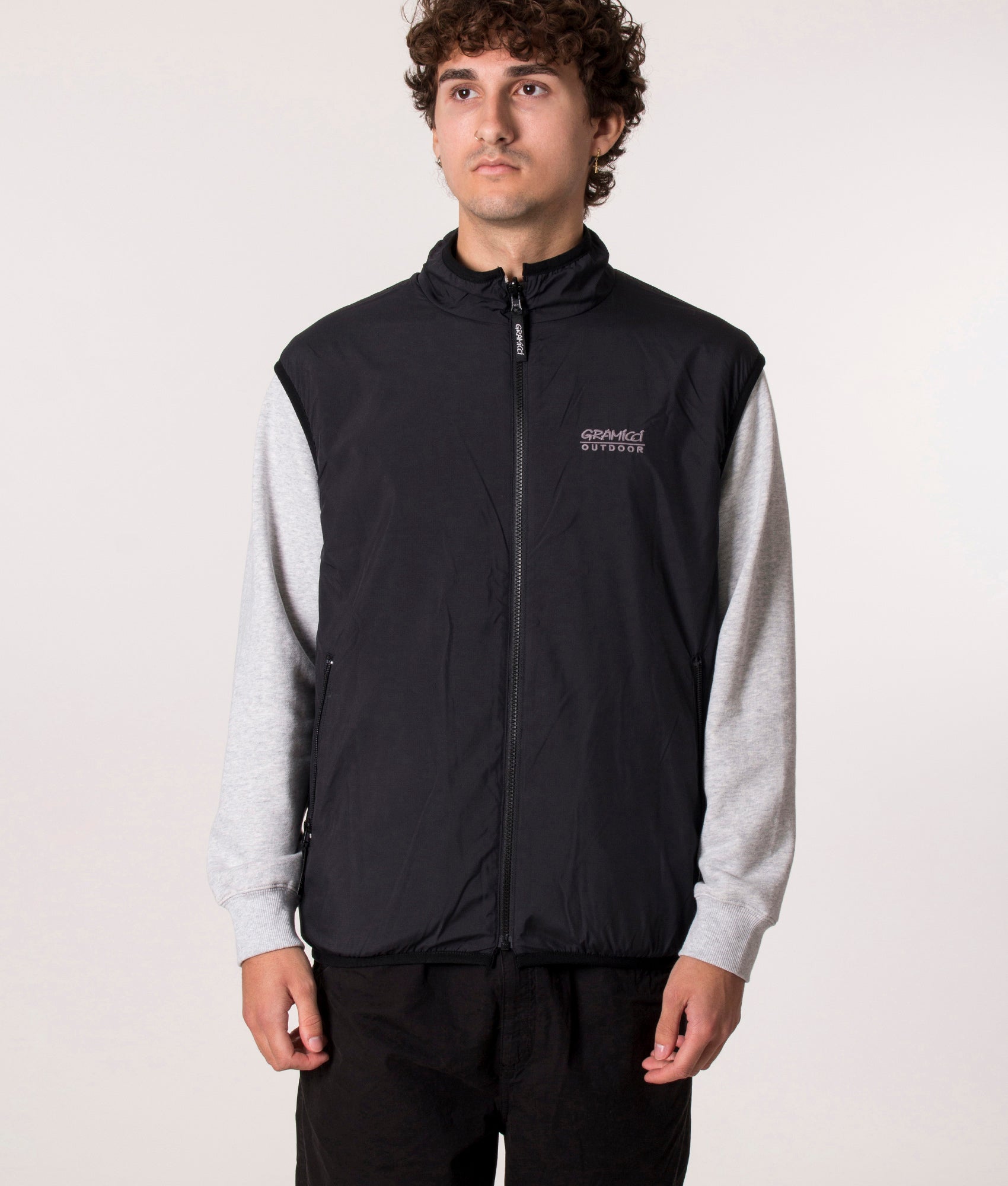 Gramicci Reversible Vest in Black Check, EQVVS. Model, front