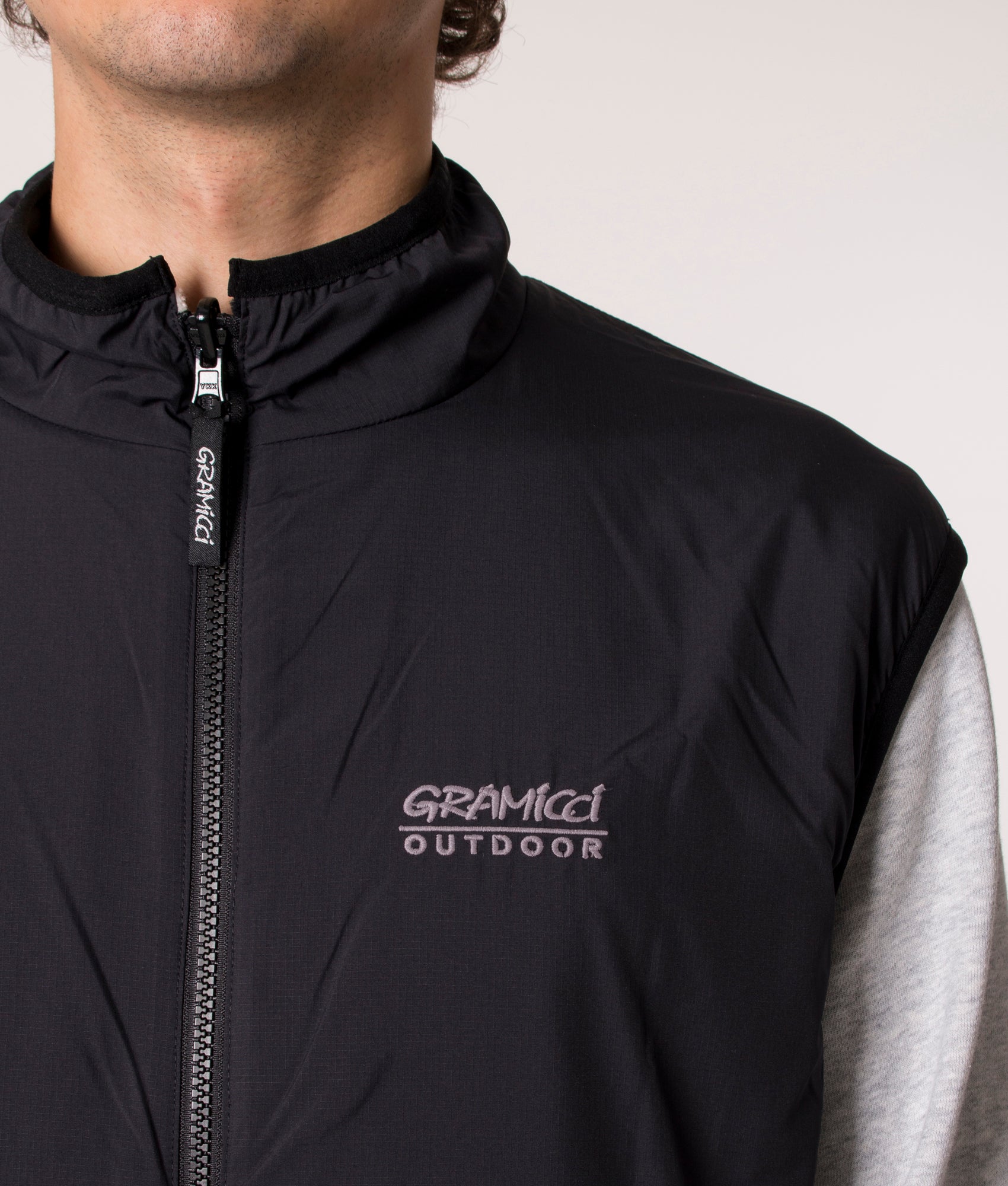 Gramicci Reversible Vest in Black Check, EQVVS. Model, detail