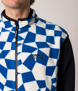 Gramicci Reversible Vest in Blue Check, EQVVS. Model, front.