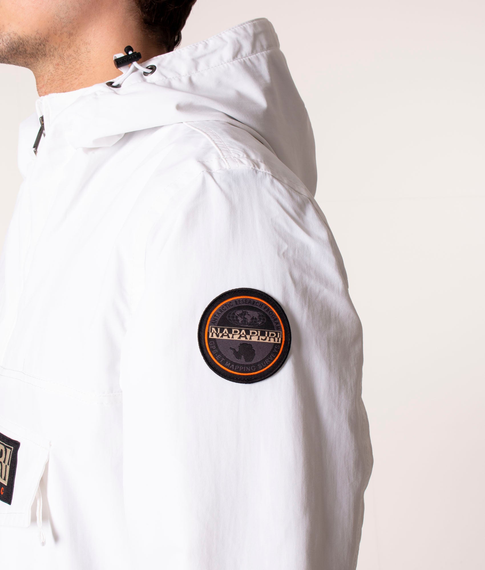 Napapijri Rainforest Winter 3 Overhead Jacket in Bright White at EQVVS, Model arm detail