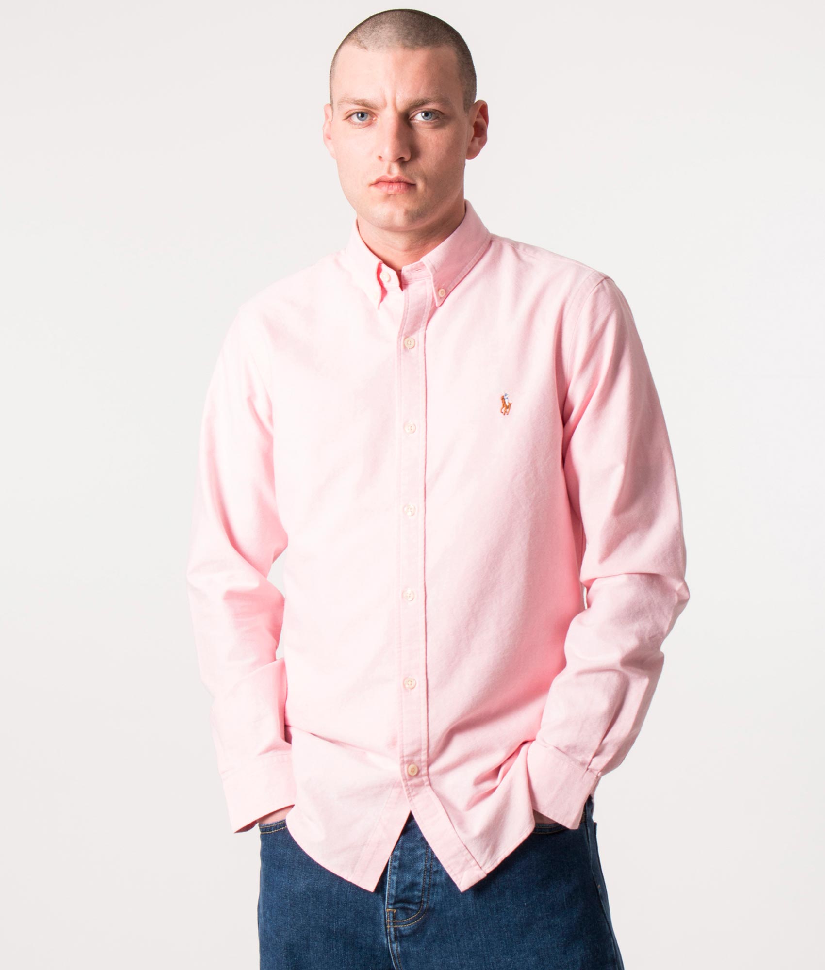 Polo Ralph Lauren Slim Fit Oxford Shirt Pink at EQVVS Menswear. Model front shot.