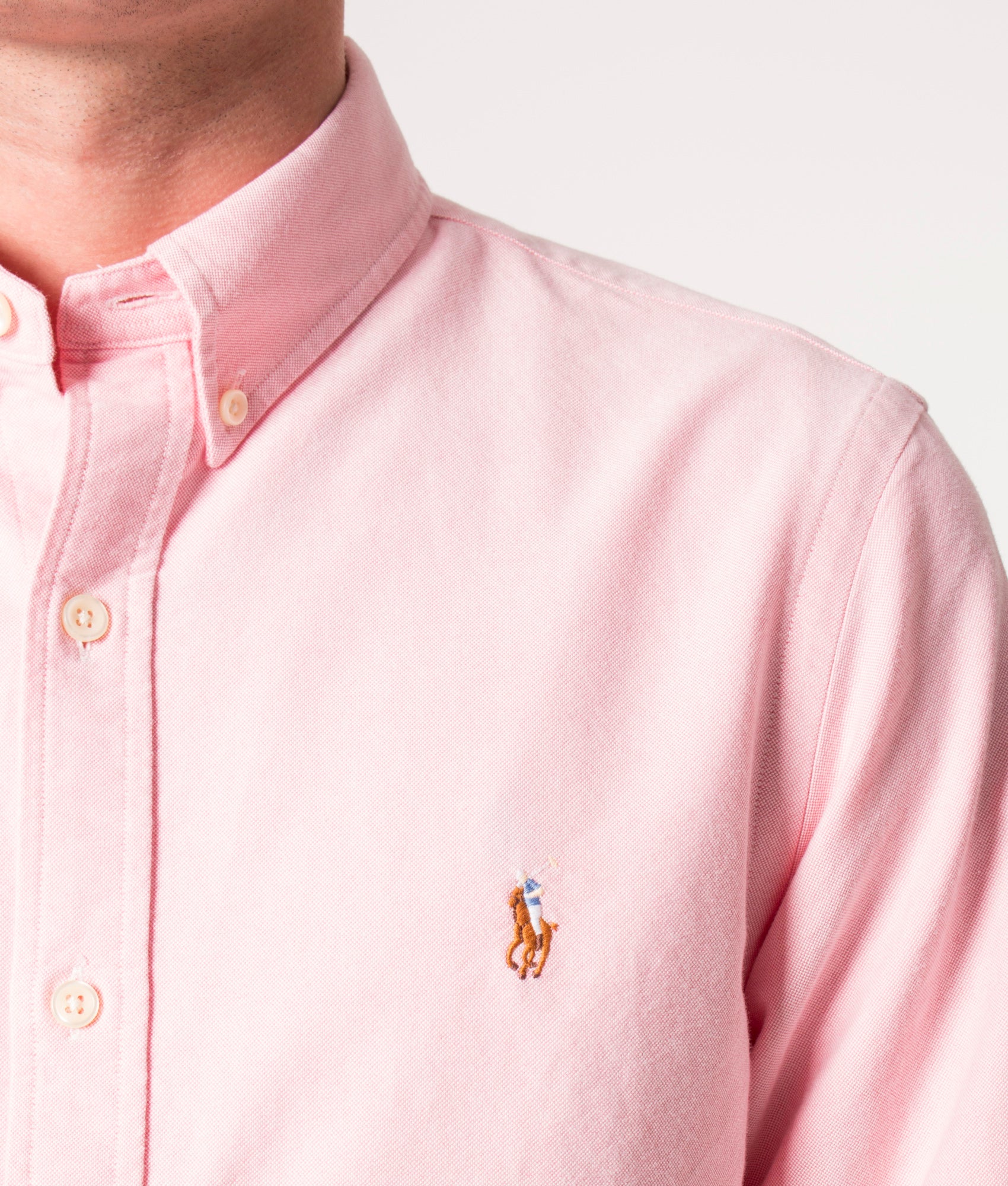 Polo Ralph Lauren Slim Fit Oxford Shirt Pink at EQVVS Menswear. Model detail shot.