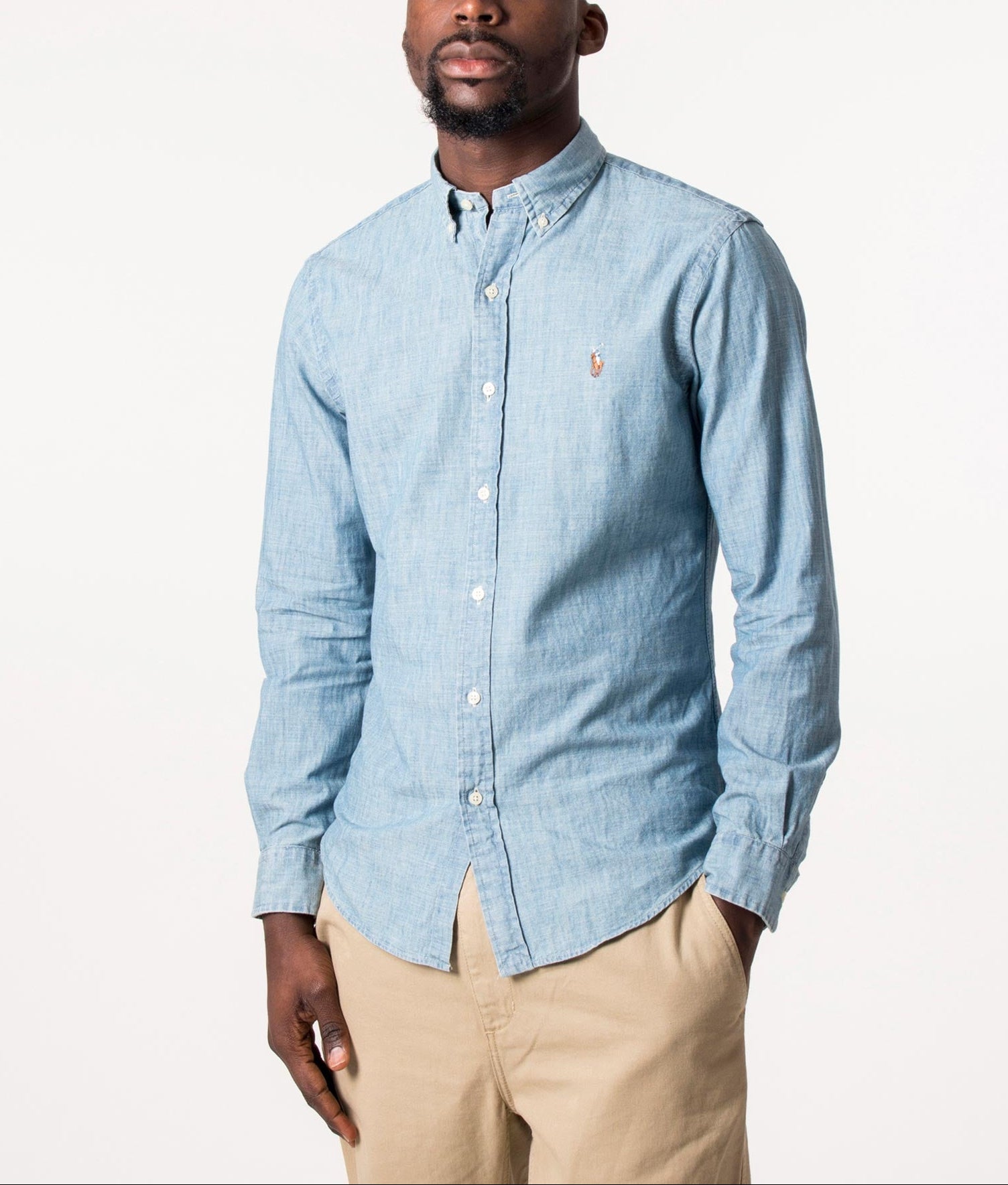 Polo Ralph Lauren Slim Fit Chambray Shirt in Chambray at EQVVS Menswear. Model front shot.