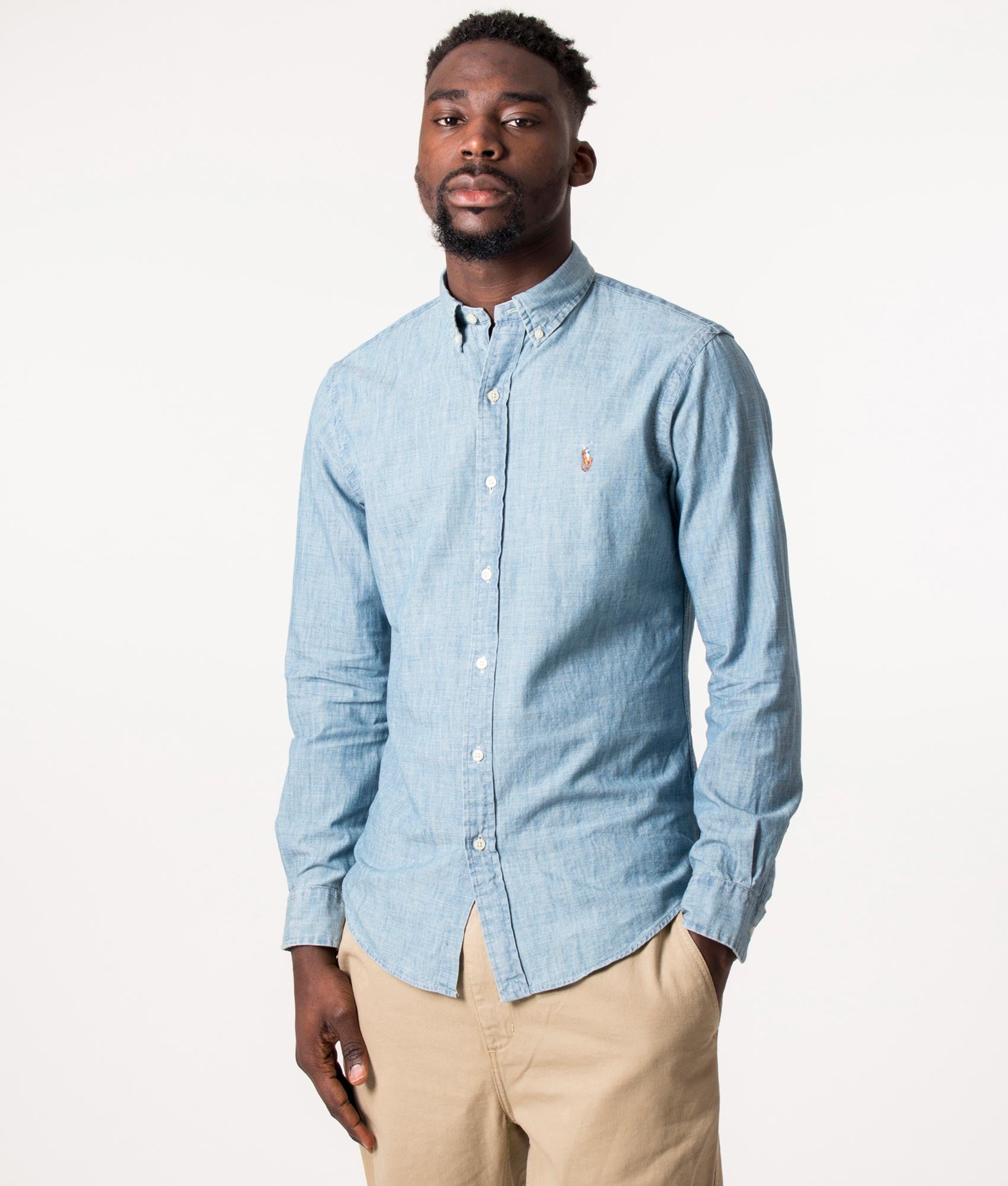 Polo Ralph Lauren Slim Fit Chambray Shirt in Chambray at EQVVS Menswear. Model front shot.