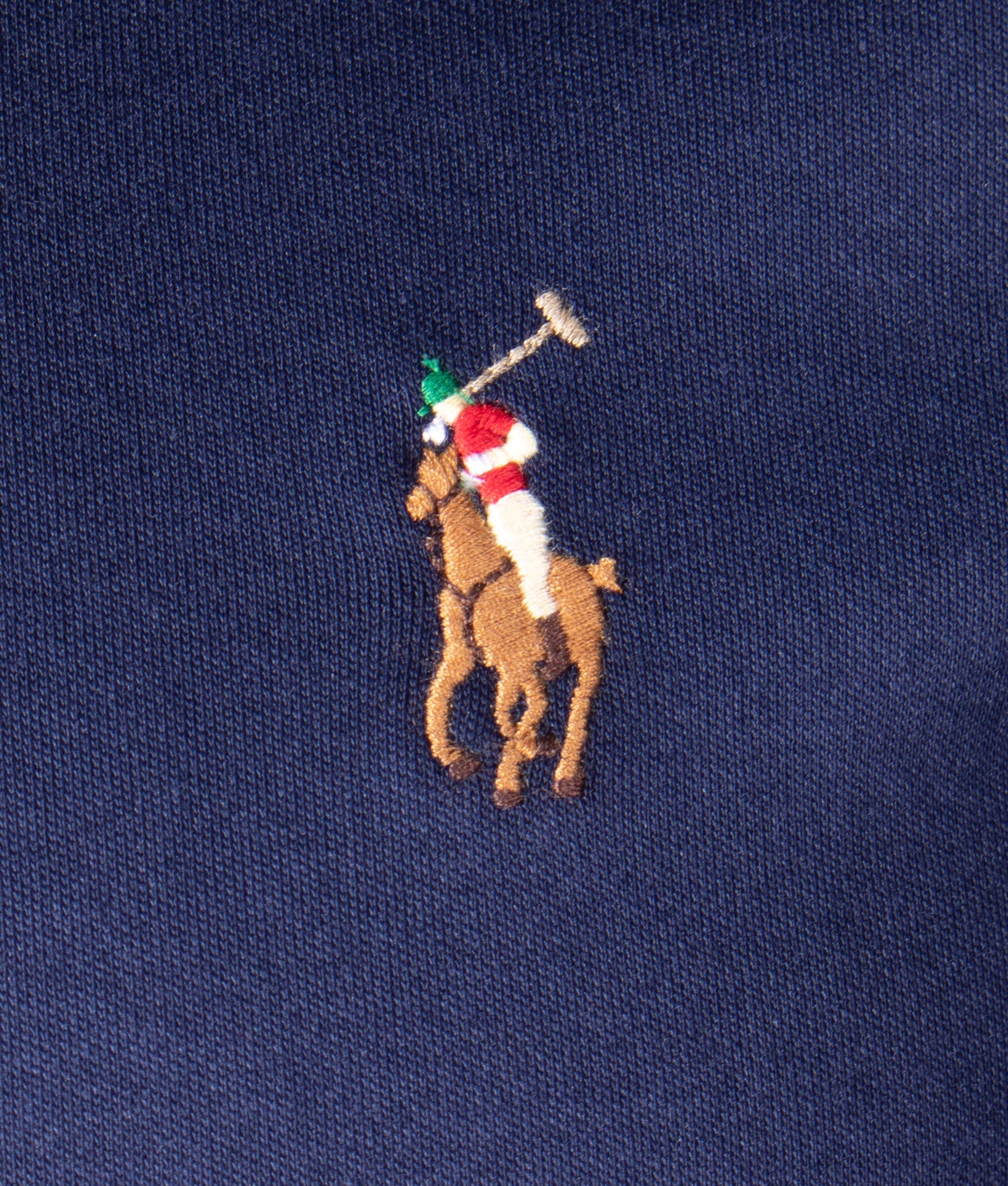Custom Slim Fit Long Sleeve Soft Cotton Polo Shirt in French Navy at EQVVS Menswear. Detail shot.