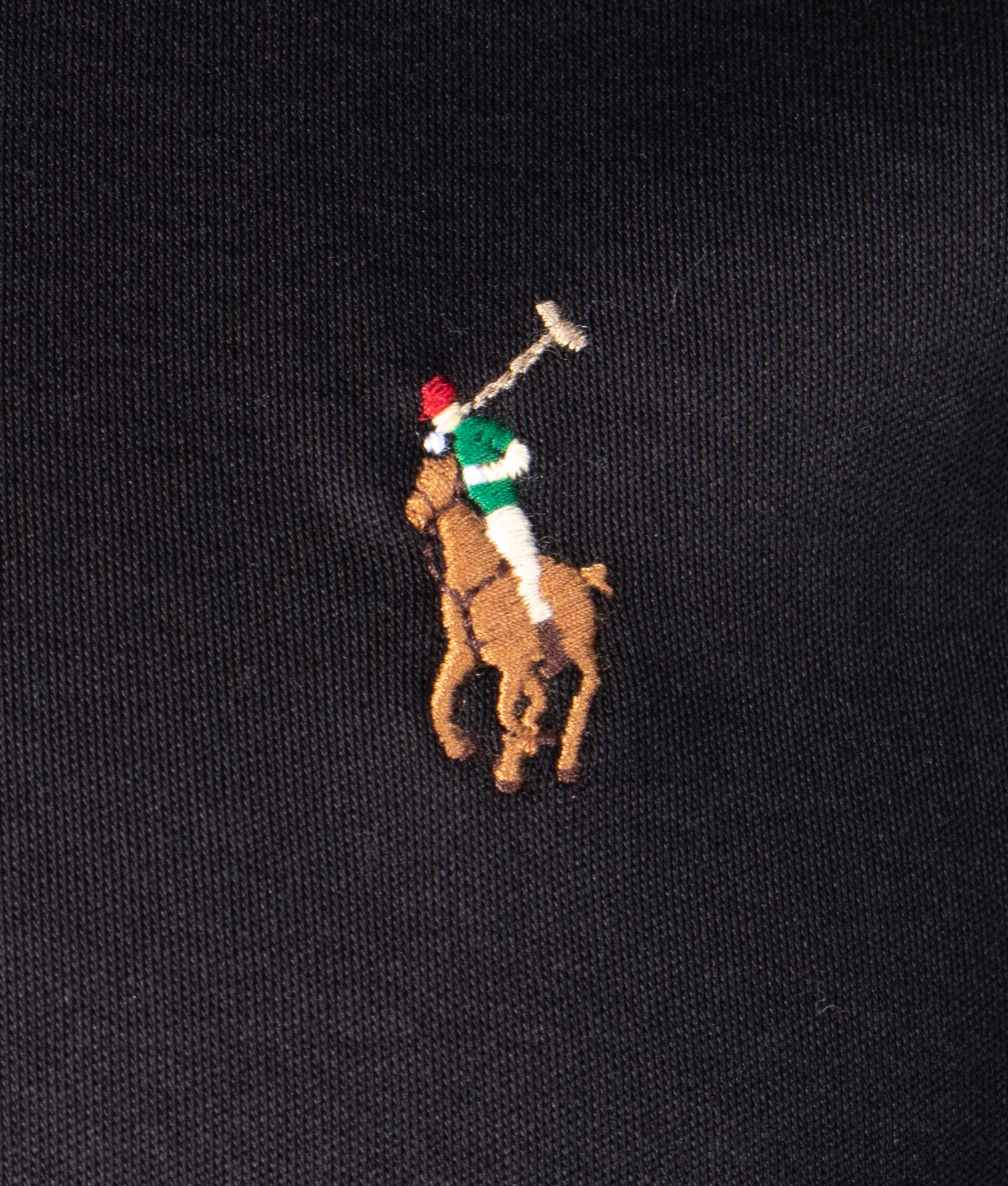 Custom Slim Fit Long Sleeve Soft Cotton Polo Shirt in Polo Black at EQVVS Menswear. Detail shot.