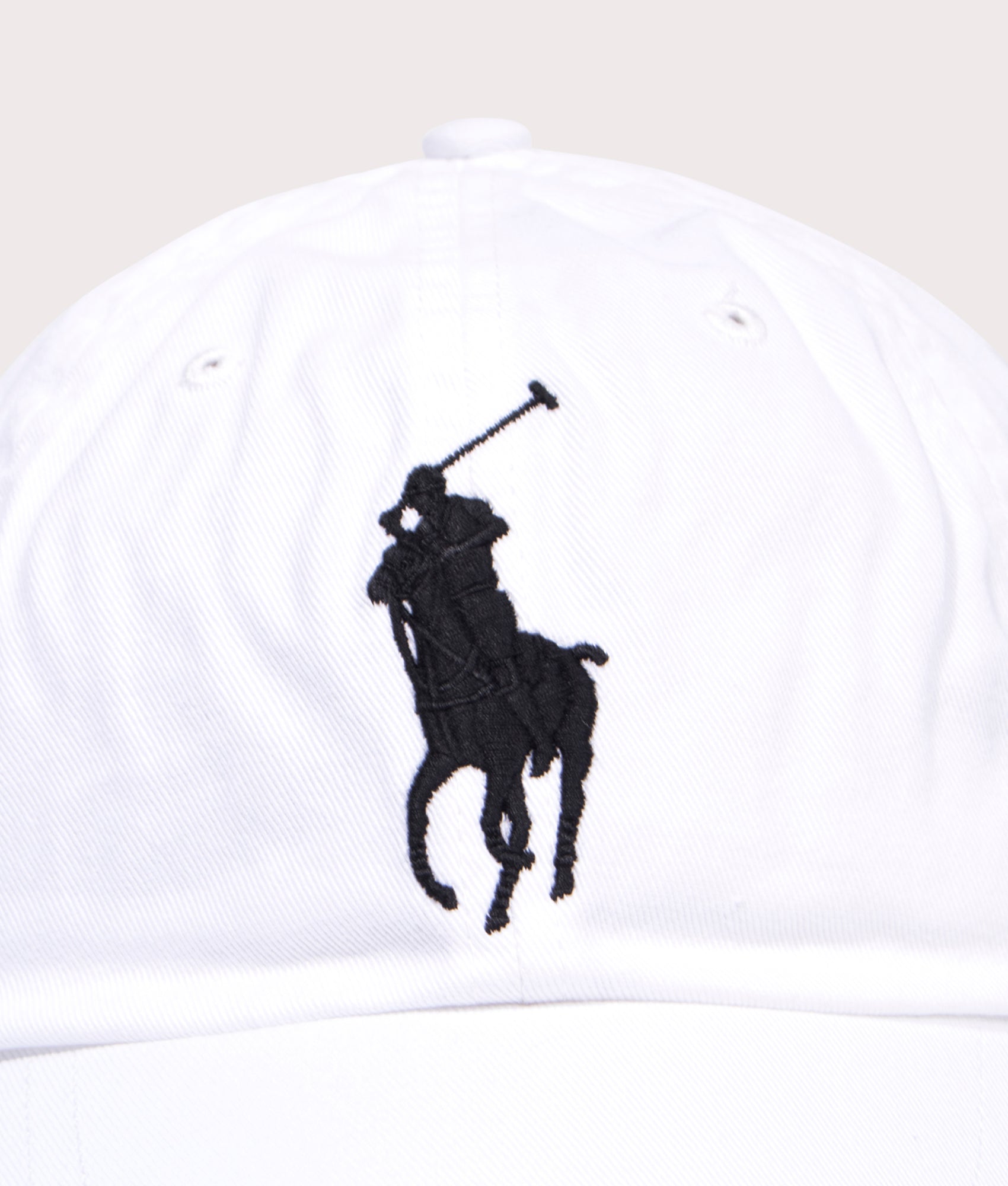 Polo Ralph Lauren Big Pony Chino Baseball Cap in White at EQVVS Menswear. Detail shot. 