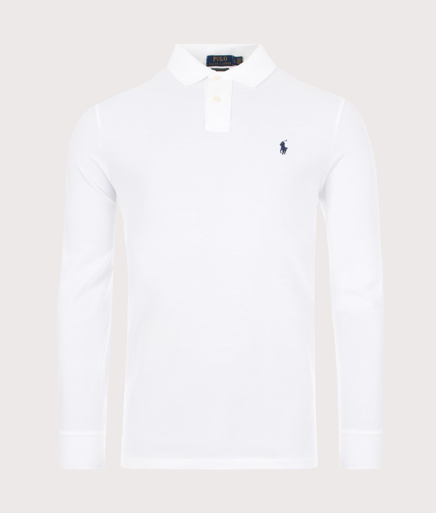 Polo Ralph Lauren Custom Slim Fit Long Sleeve Polo Shirt in White at EQVVS Menswear. Front Shot