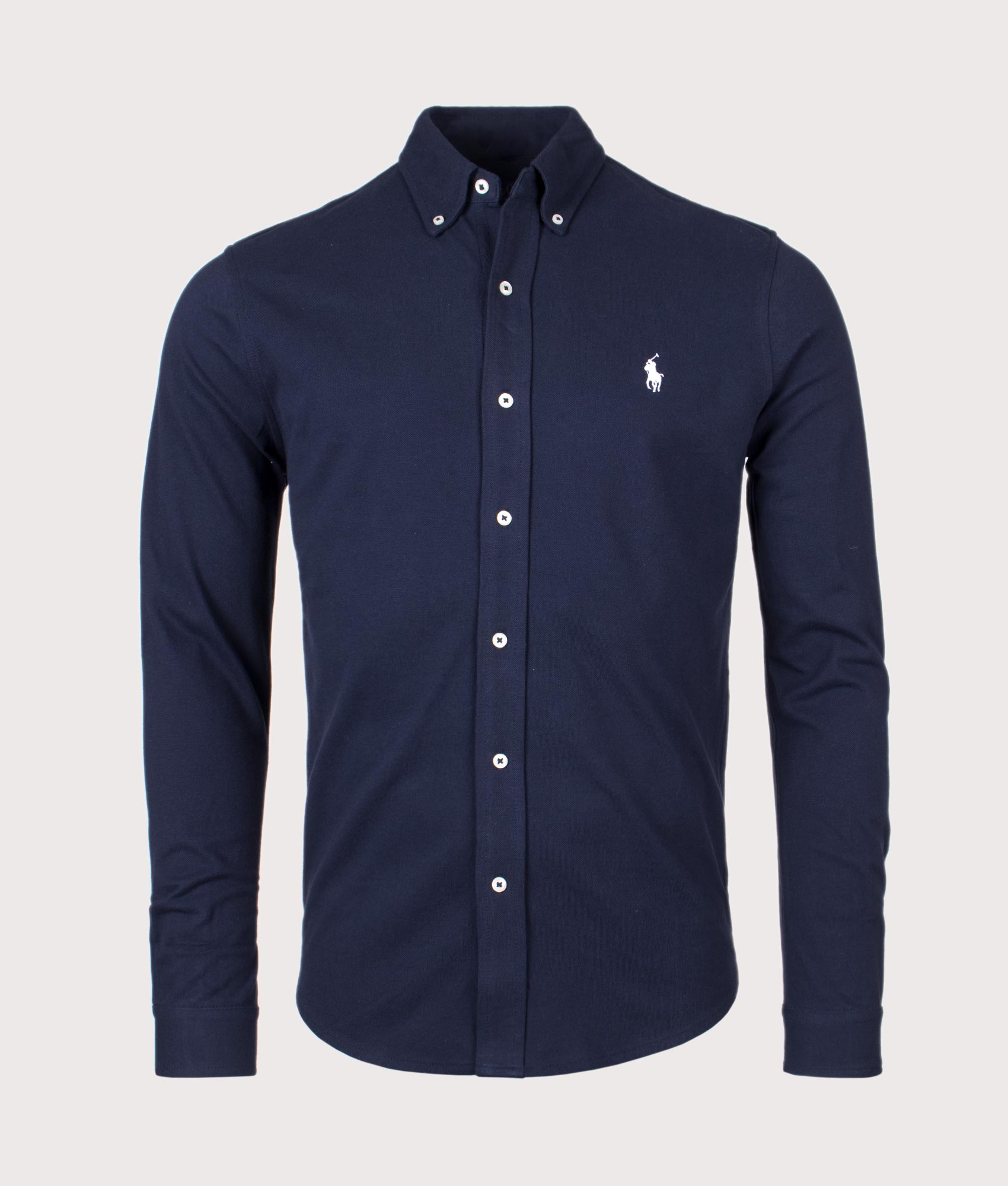 Polo Ralph Lauren Relaxed Fit Featherweight Mesh Shirt in Aviator Navy at EQVVS Menswear. Front shot.