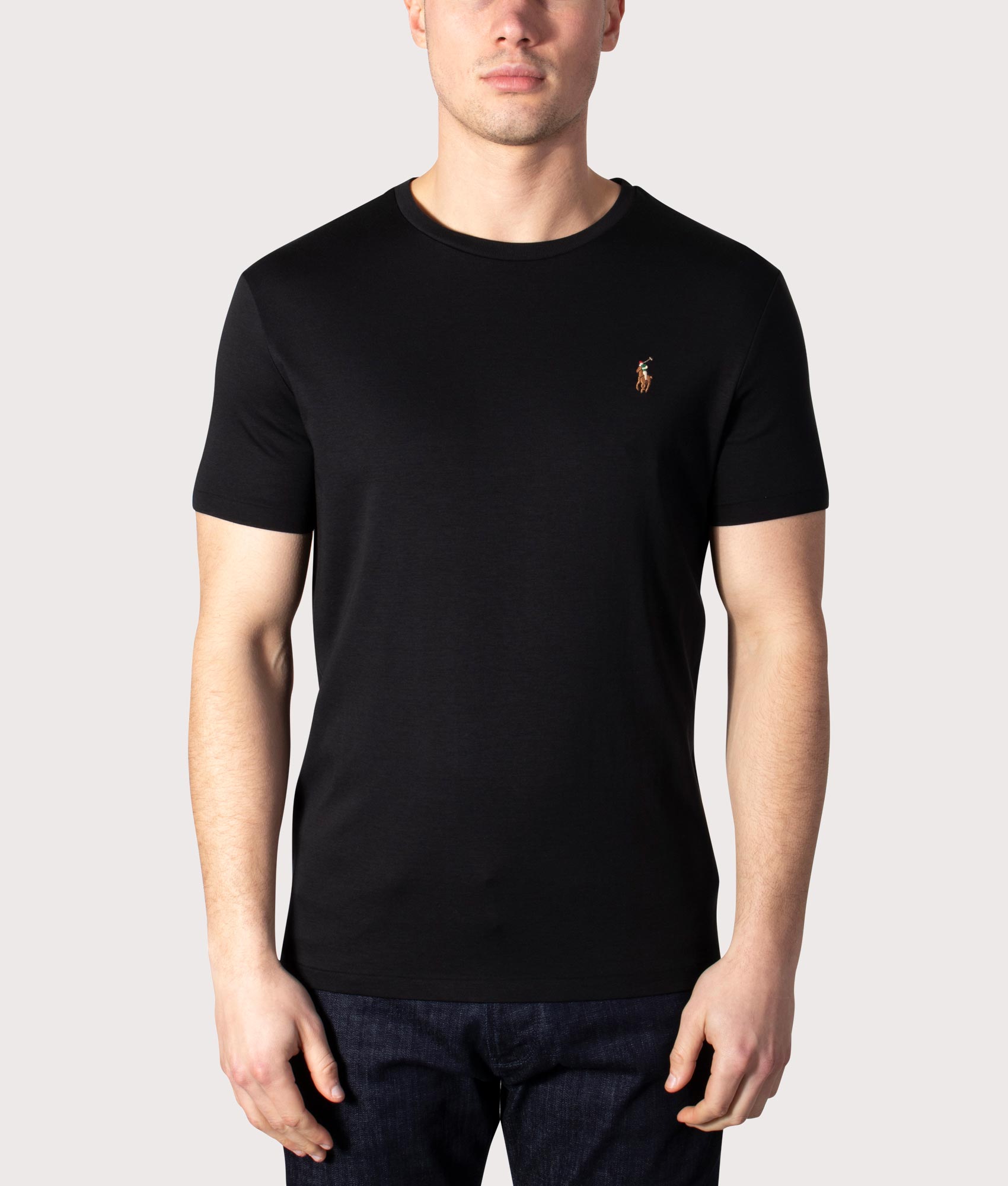 Polo Ralph Lauren Custom Slim Fit Pima T-Shirt in Polo Black at EQVVS Menswear. Model front shot.