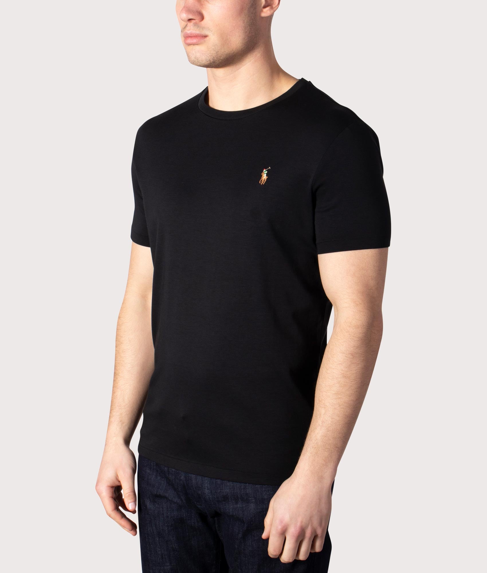 Polo Ralph Lauren Custom Slim Fit Pima T-Shirt in Polo Black at EQVVS Menswear. Model angled front shot.