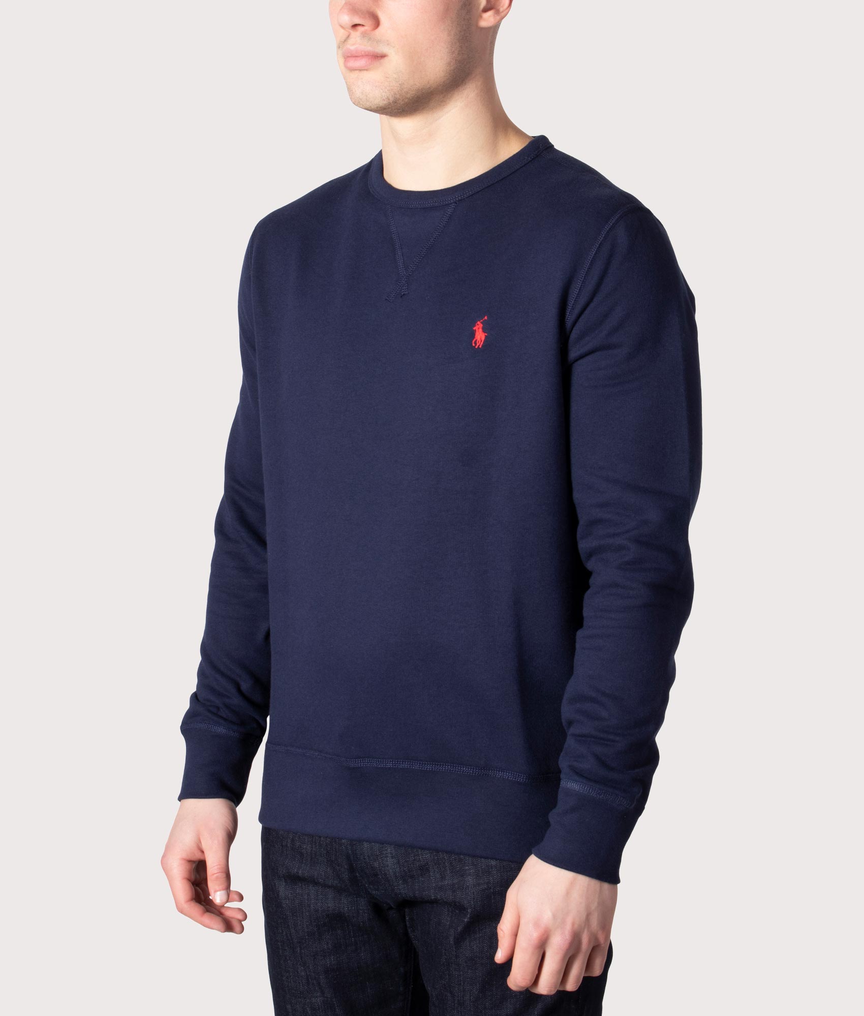 RL Fleece Sweatshirt in Cruise Navy at EQVVS Menswear. Model angled front shot.