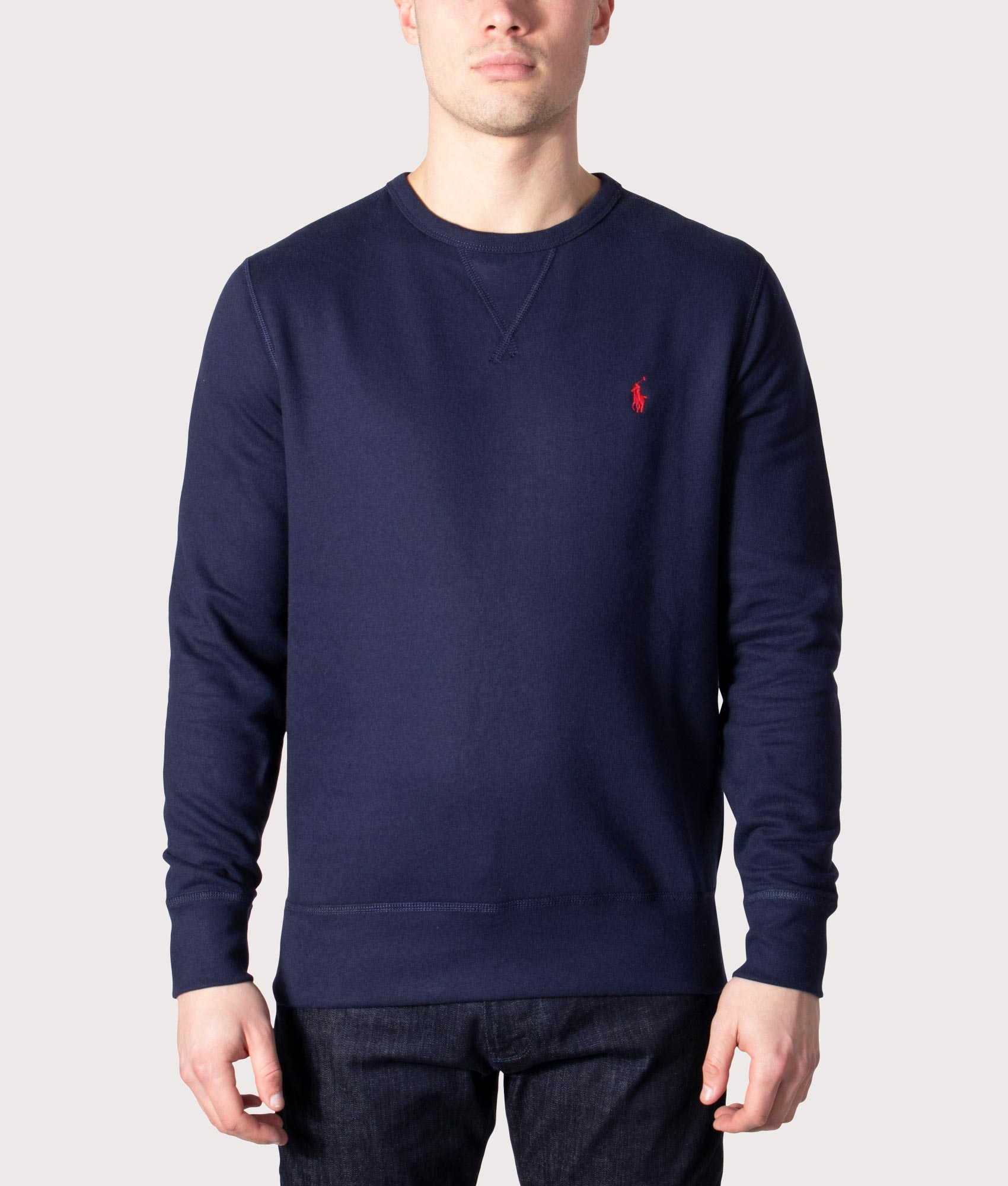 RL Fleece Sweatshirt in Cruise Navy at EQVVS Menswear. Model front shot.